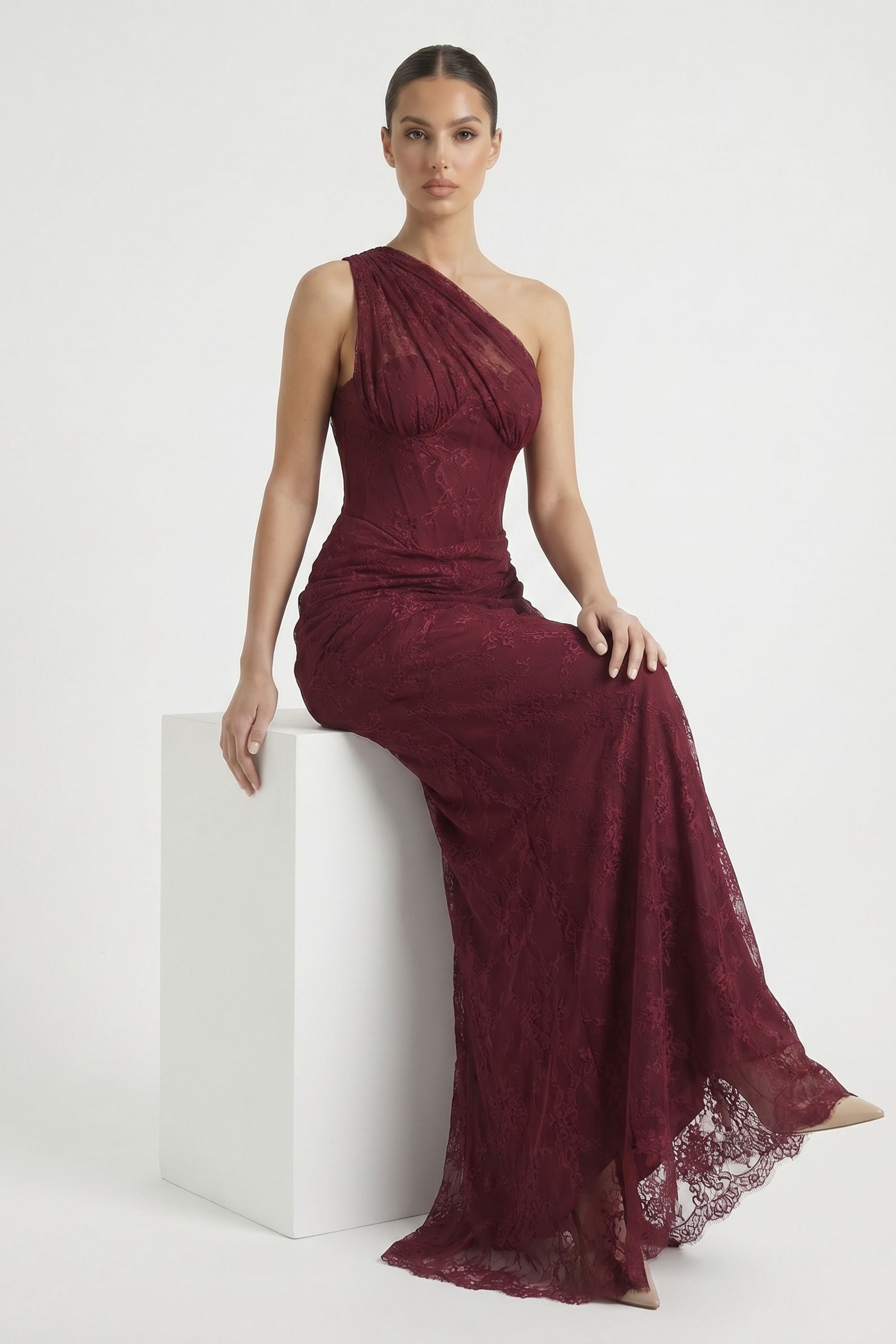 Burgundy One Shoulder Lace Maxi Dress - Dress