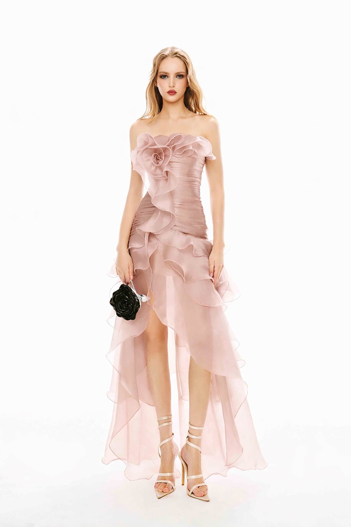 Blush Pink Strapless Floral Ruffle High-Low Dress Dress