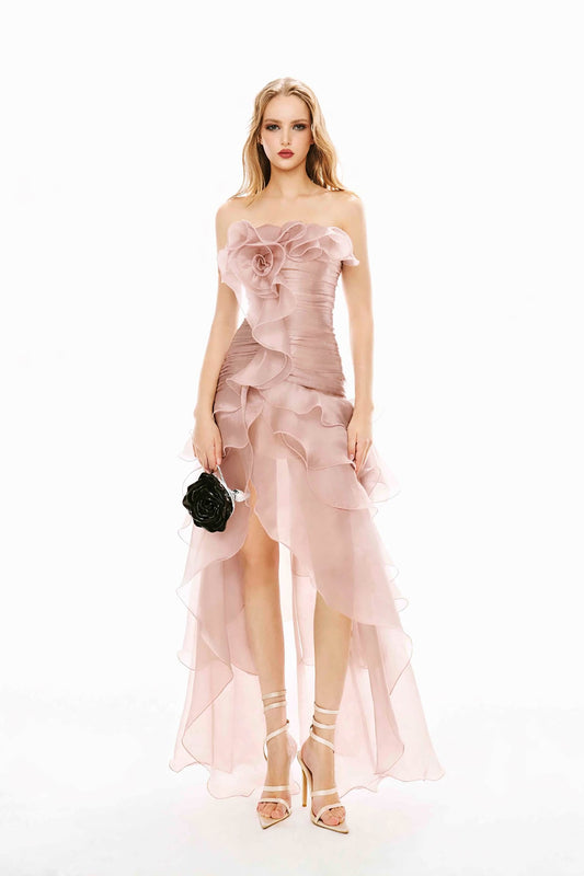 Blush Pink Strapless Floral Ruffle High-Low Dress Dress