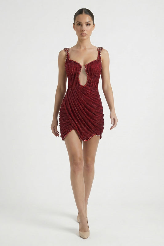 Red Rhinestone Plunge Ruched Mini Dress