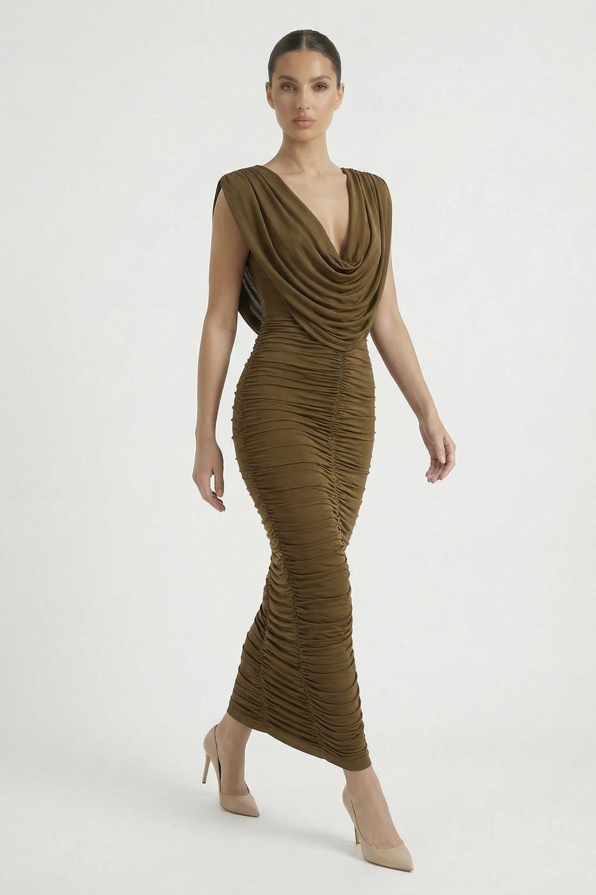 Olive Green Cowl Neck Ruched Maxi Dress - Dress