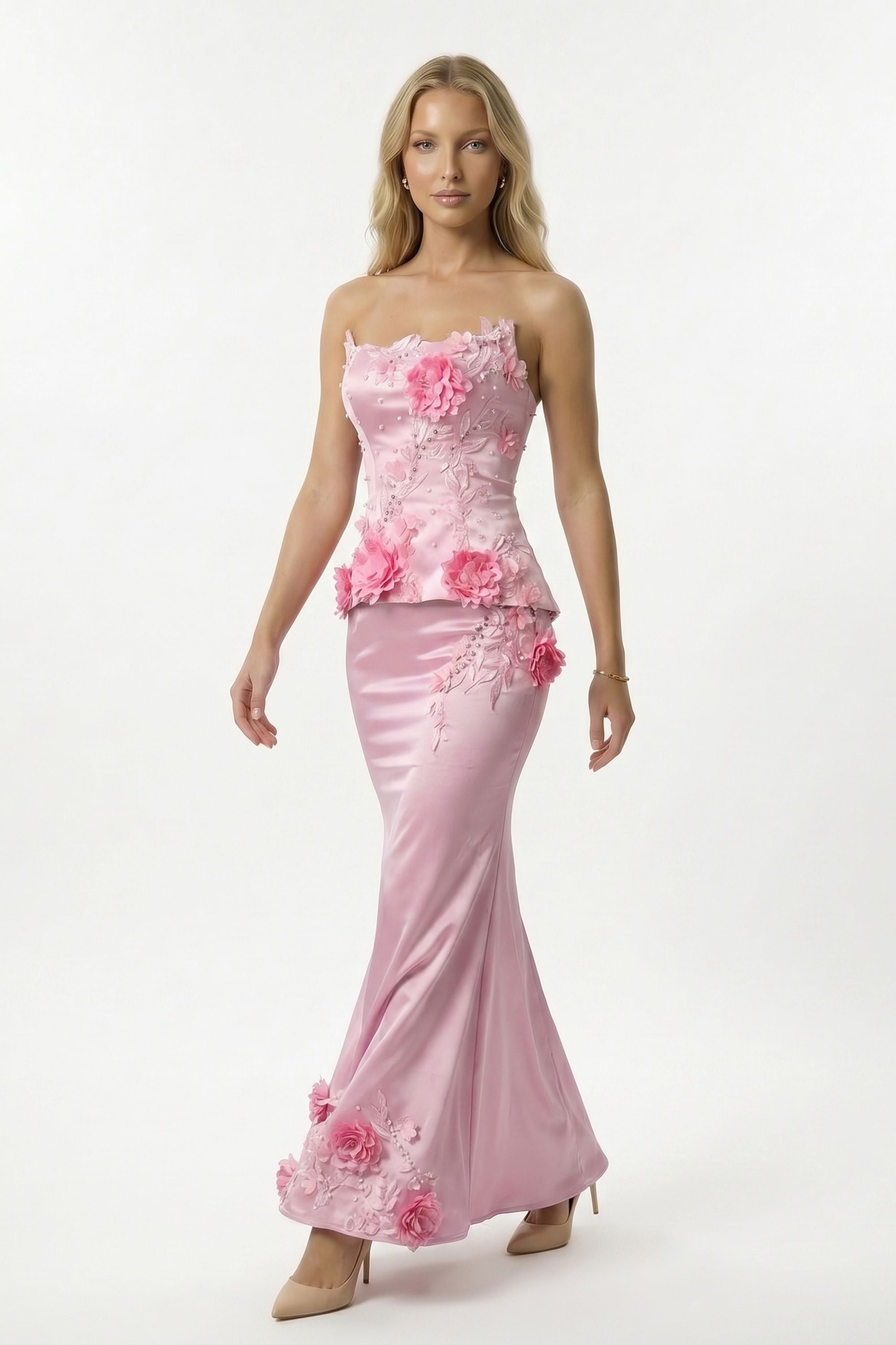 Pink Floral Appliqué Strapless Two Piece Satin Mermaid Maxi Dress - Dress
