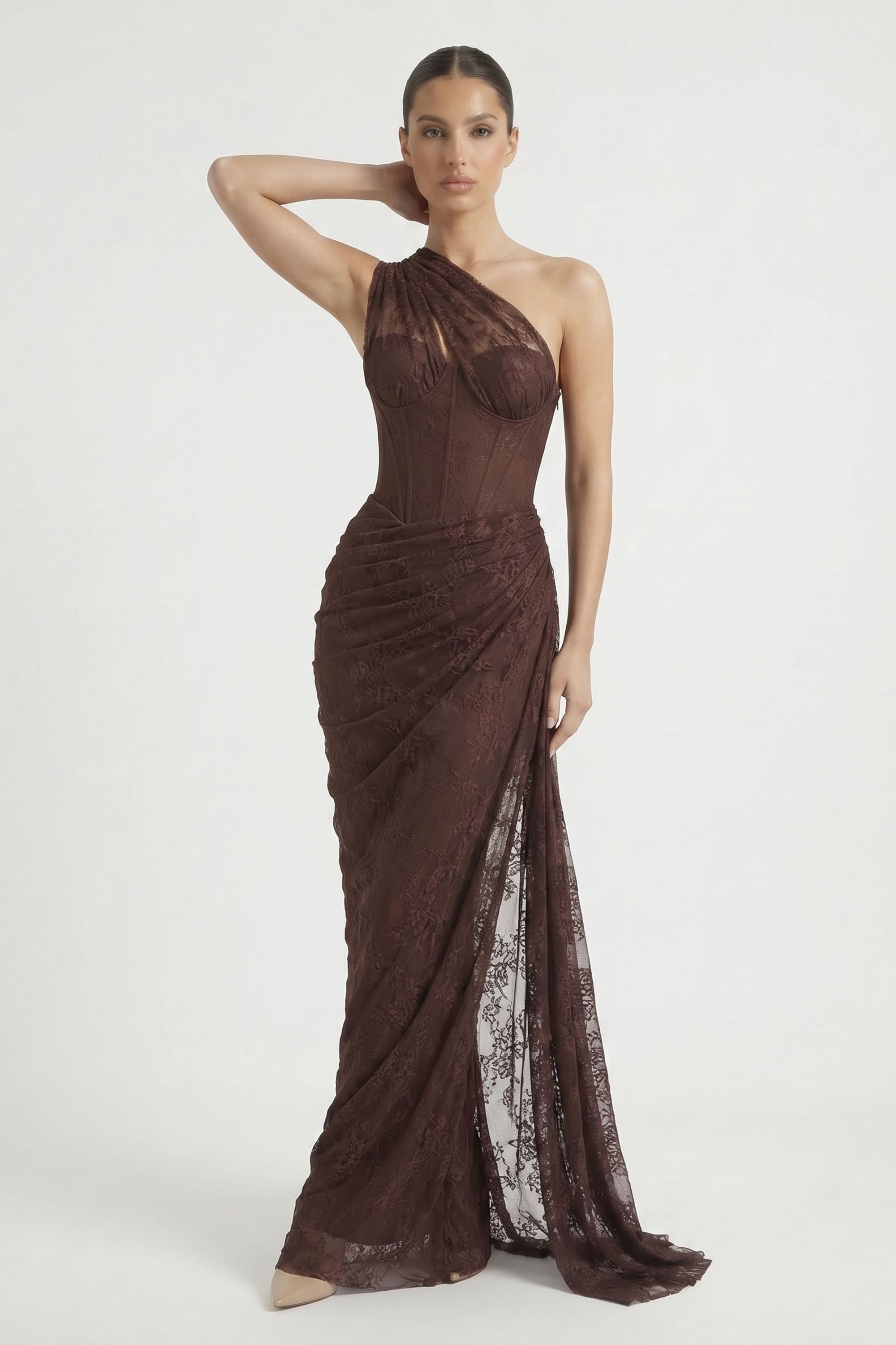 Brown One Shoulder Lace Floral Corset Ruched Dress - Dress