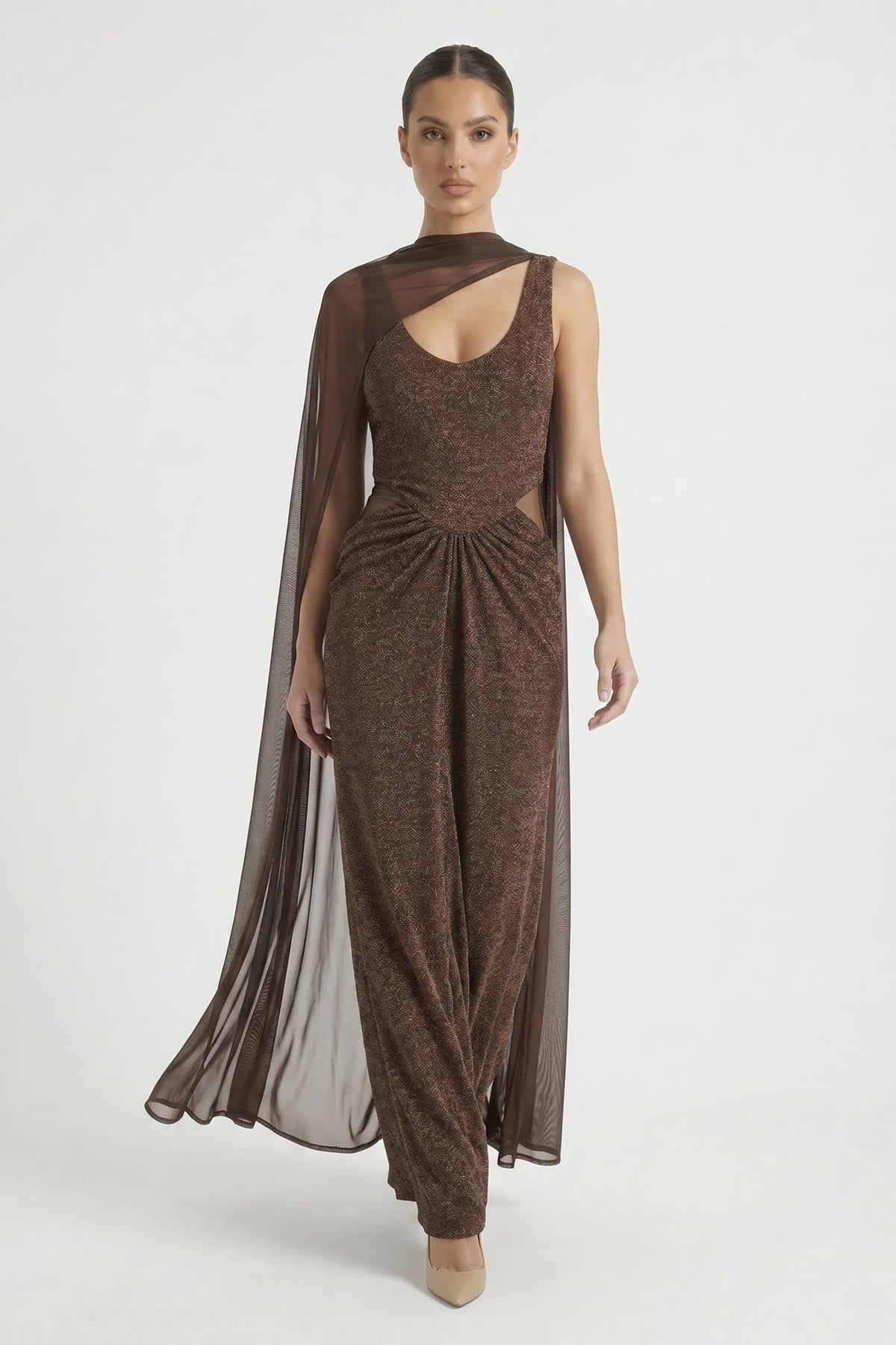 Brown Glitter Cutout Draped Maxi Dress With Chiffon Scarf Cape Selene Dress Brown Glitter Cutout Draped Maxi Dress With Chiffon Scarf Cape Selene Dress