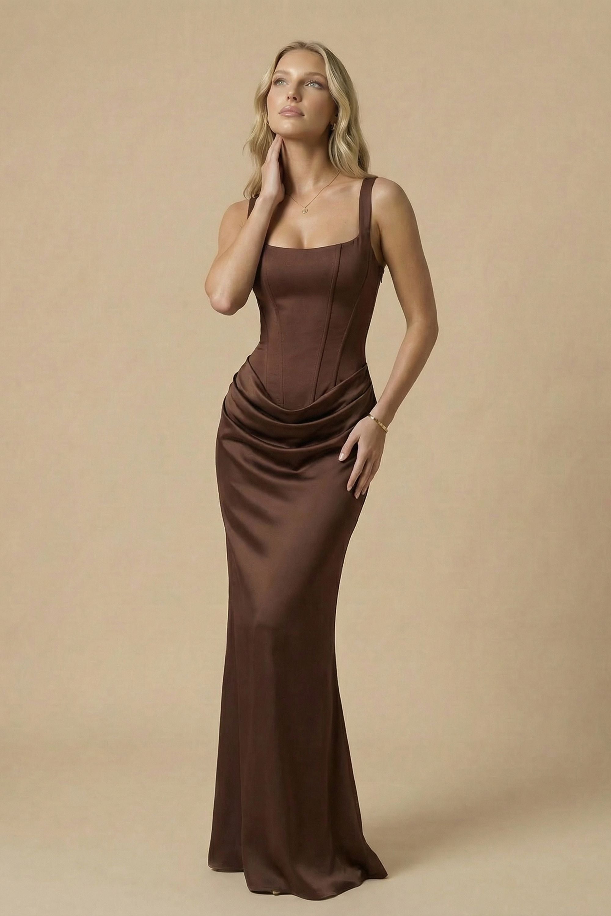Brown Draped Satin Bustier Maxi Dress - Dress