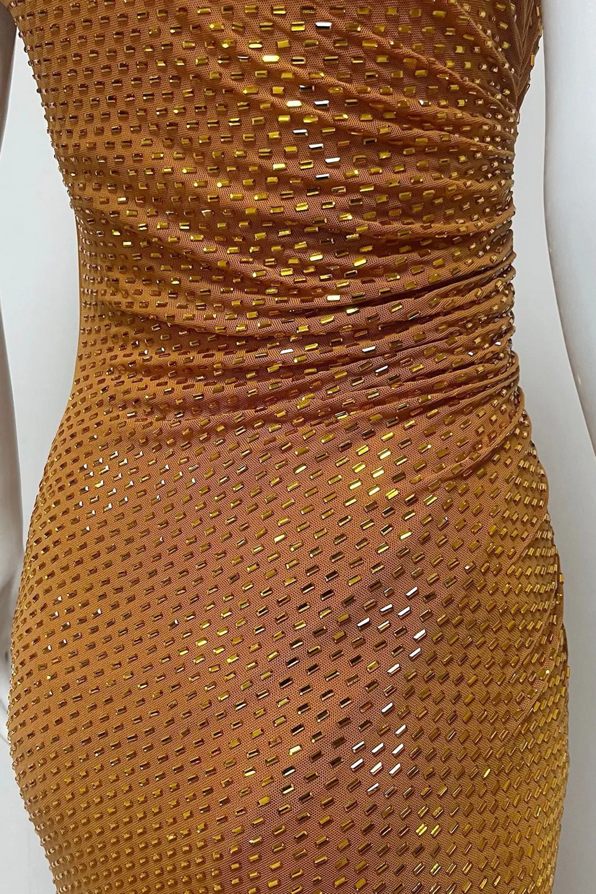 Gold Rhinestone Short Sleeve Mesh Maxi Dress Gold / 00 Gold Rhinestone Short Sleeve Mesh Maxi Dress Gold / 00