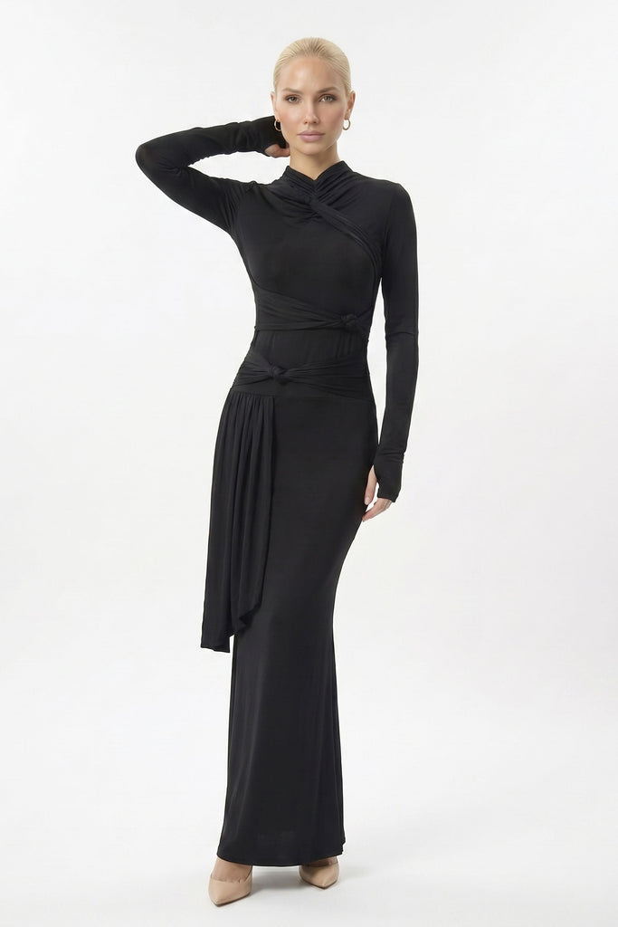 long sleeve long black dress Black Draped Knot Long Sleeve Maxi Dress Black / 2
