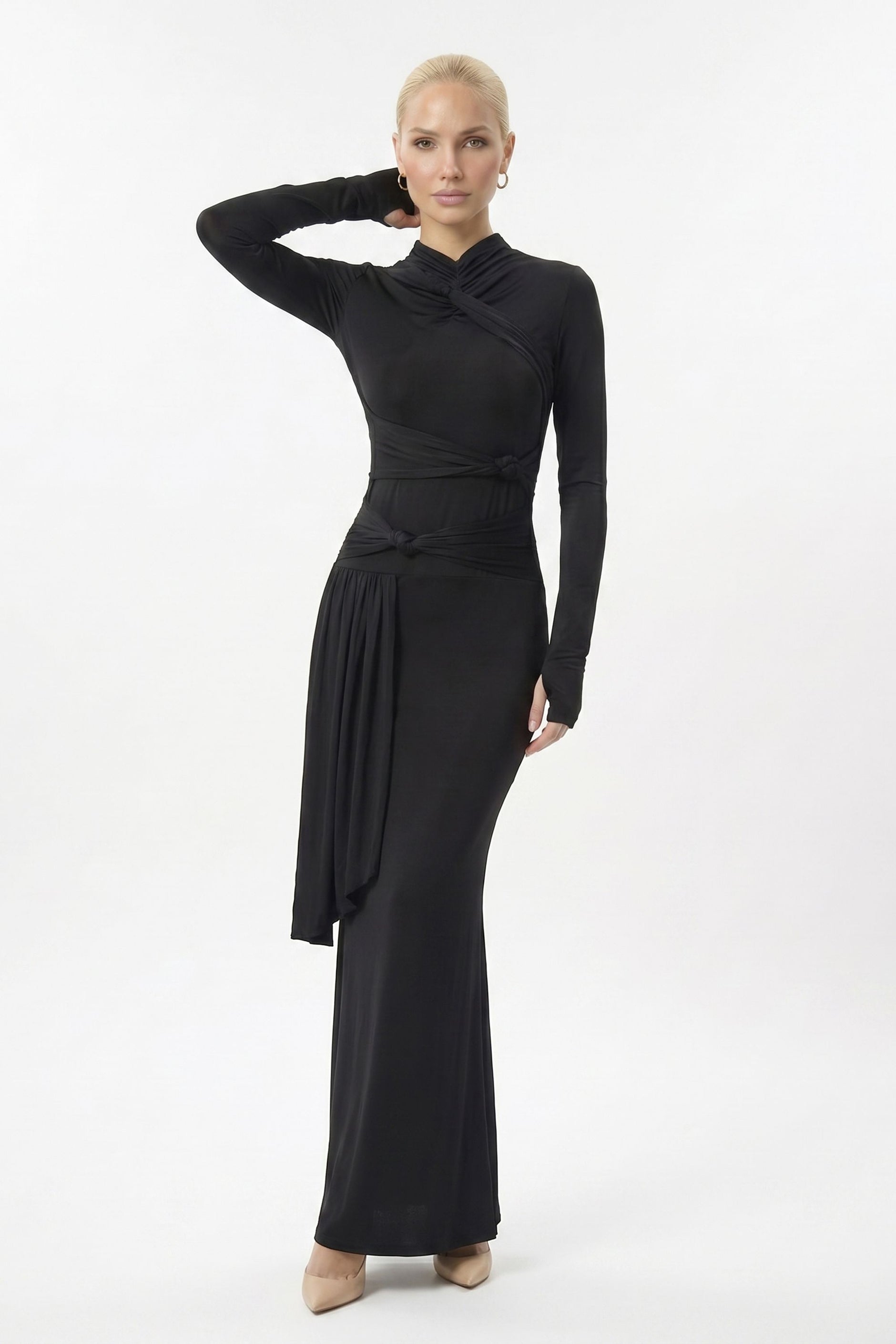 Black Draped Knot Long Sleeve Maxi Dress Black / 2