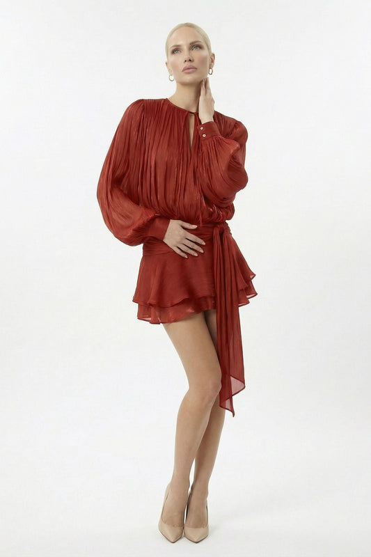Red Pleated Long Sleeve Wrap Waist Mini Dress with Ruffle Hem - Red / 4 - Dress