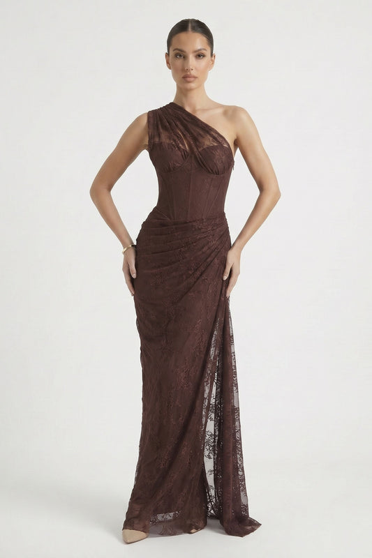 Brown One Shoulder Lace Floral Corset Ruched Dress - Brown / 2 - Dress