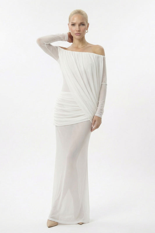 White Bardot Sheer Ruched Long Sleeve Maxi Dress - WHITE / 4 - Dress