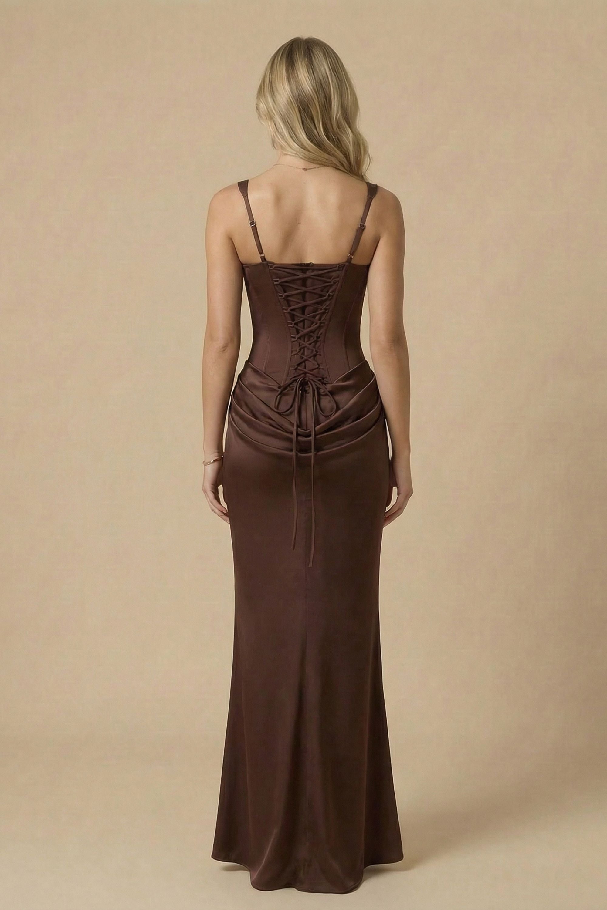 Brown Draped Satin Bustier Maxi Dress - Dress