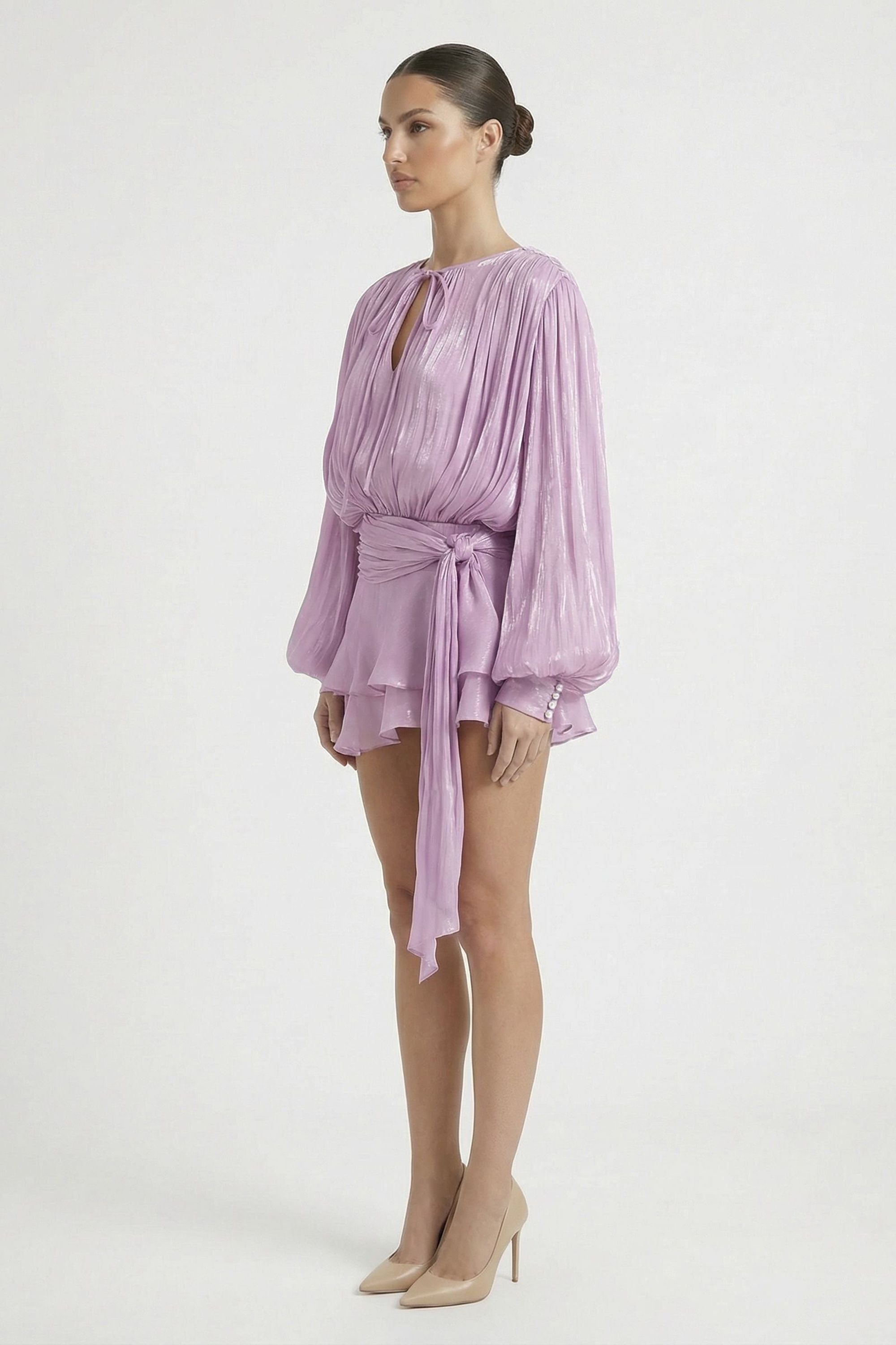 Purple Pleated Puff Sleeve Wrap Mini Dress - Dress