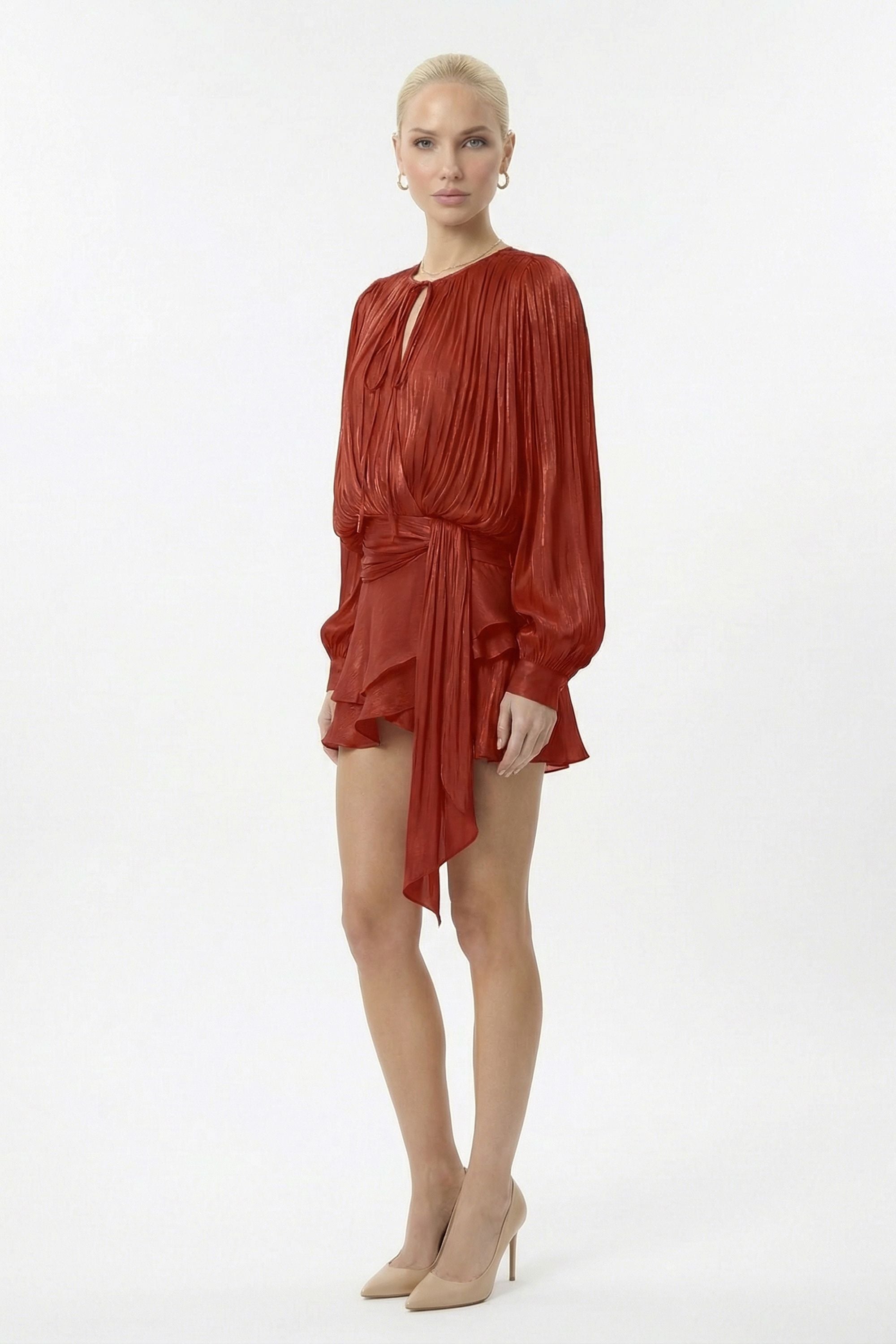 Red Pleated Long Sleeve Wrap Waist Mini Dress with Ruffle Hem - Dress