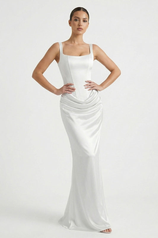 White Lace-up Satin Maxi Dress - Dress