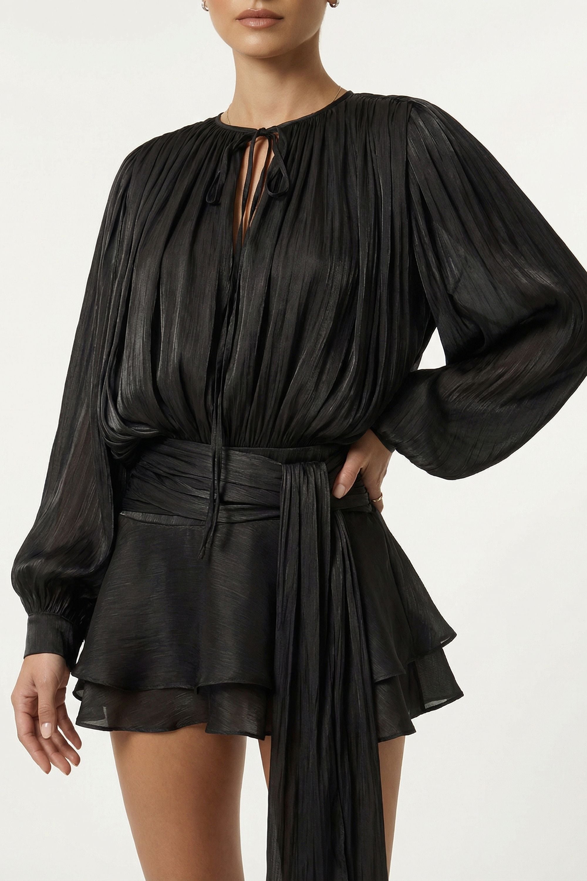 Black Pleated Long Sleeve Tie Waist Ruffle Mini Dress - Dress