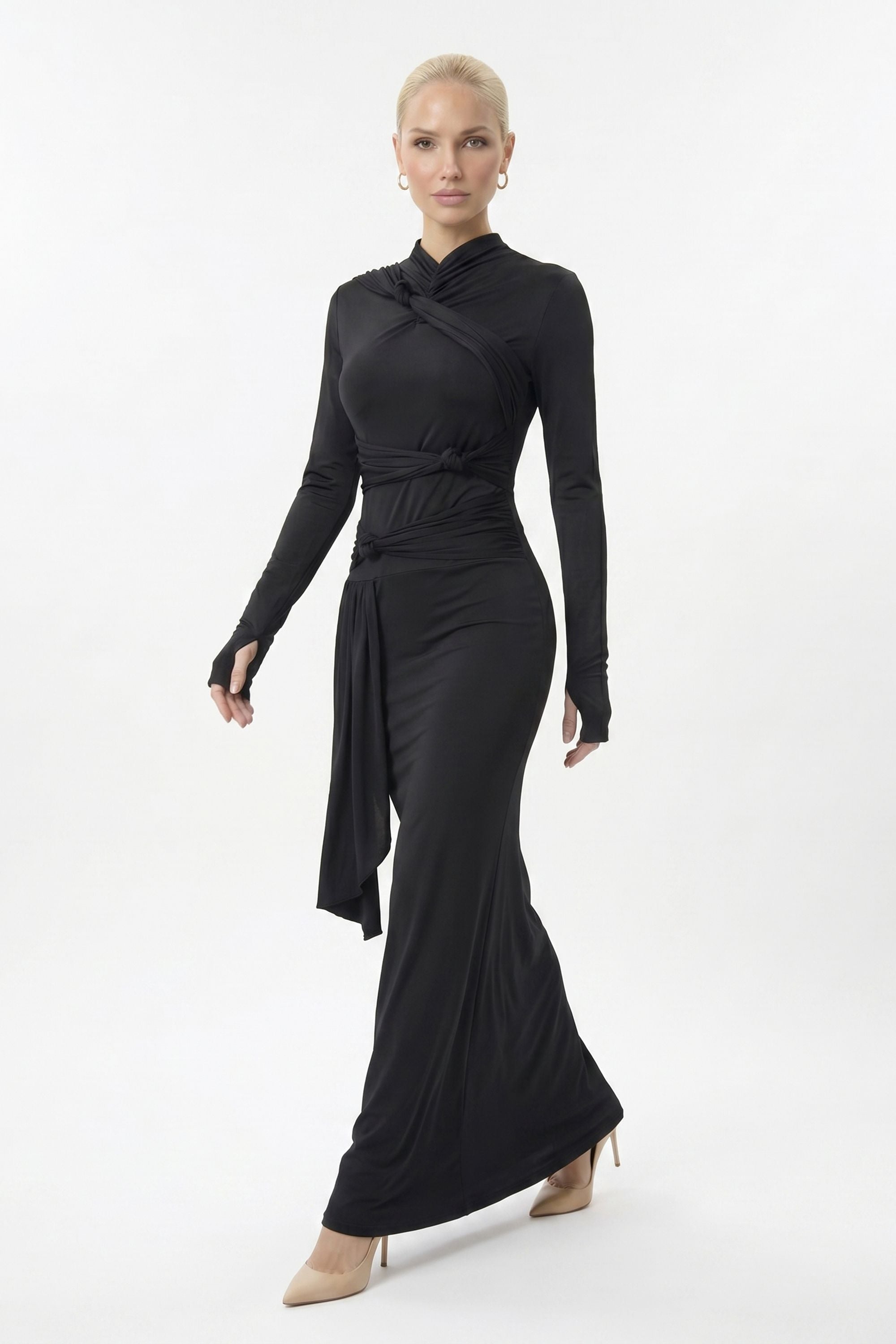 Black Draped Knot Long Sleeve Maxi Dress Black / 2 Black Draped Knot Long Sleeve Maxi Dress Black / 2