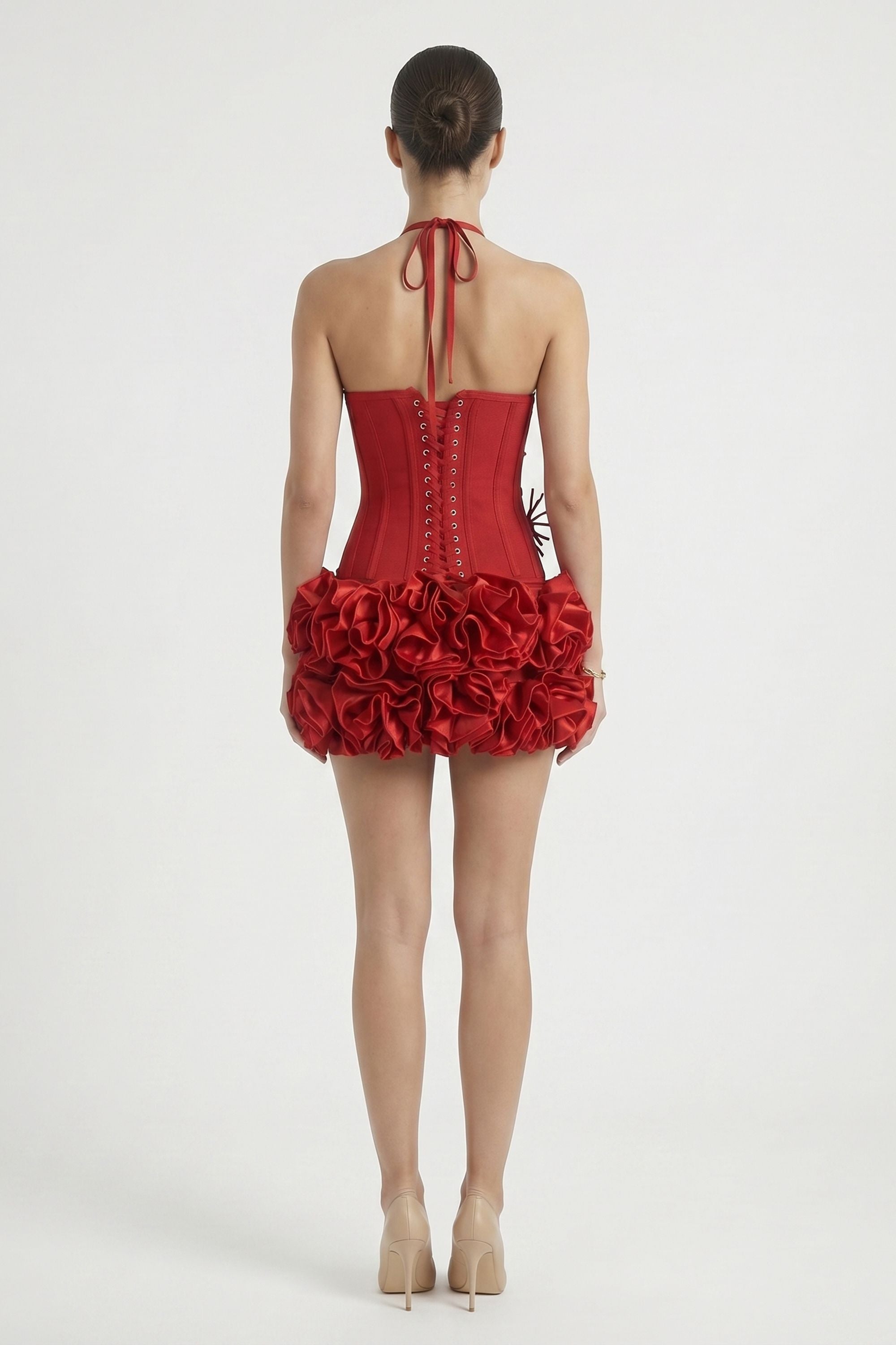 Red Bandage Corset Top And Bubble Floral Skirt Set - Dress