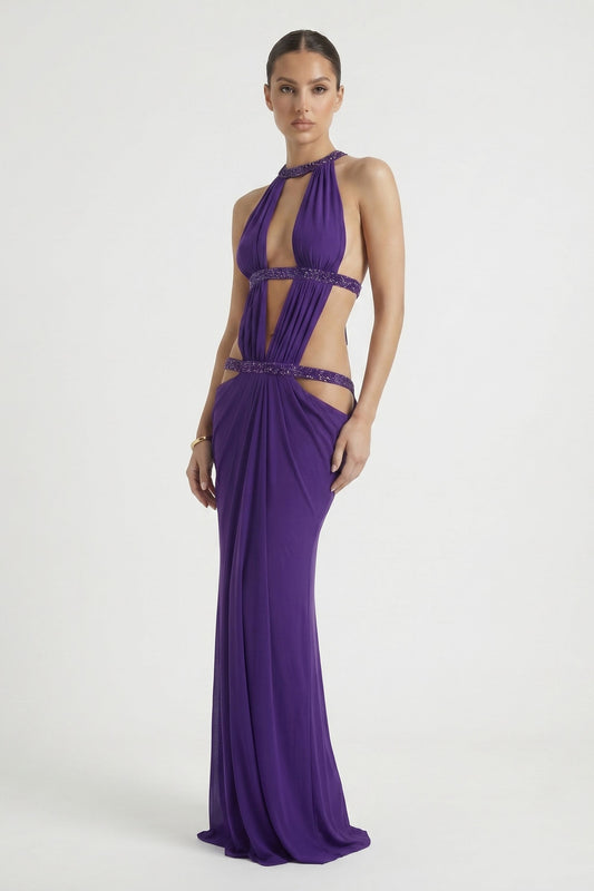 Purple Rhinestone Cutout Halter Maxi Dress
