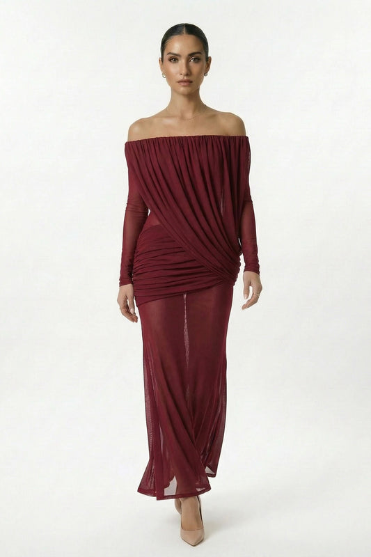 Burgundy Off Shoulder Ruched Sheer Maxi Dress - Burgundy / 4 - Dress