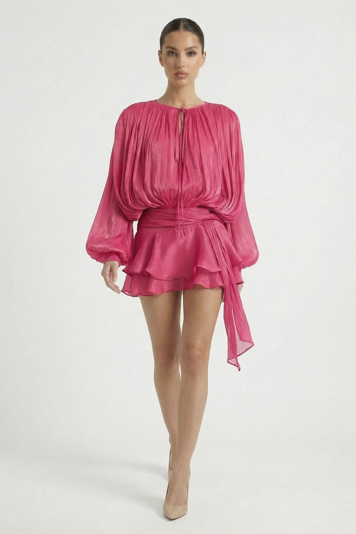Rose Pleated Long Sleeve Tie Waist Mini Dress