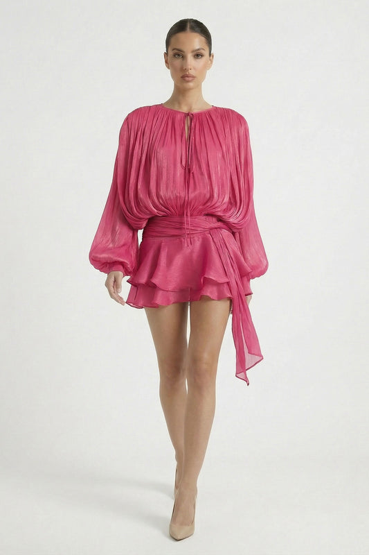 Rose Pleated Long Sleeve Tie Waist Mini Dress