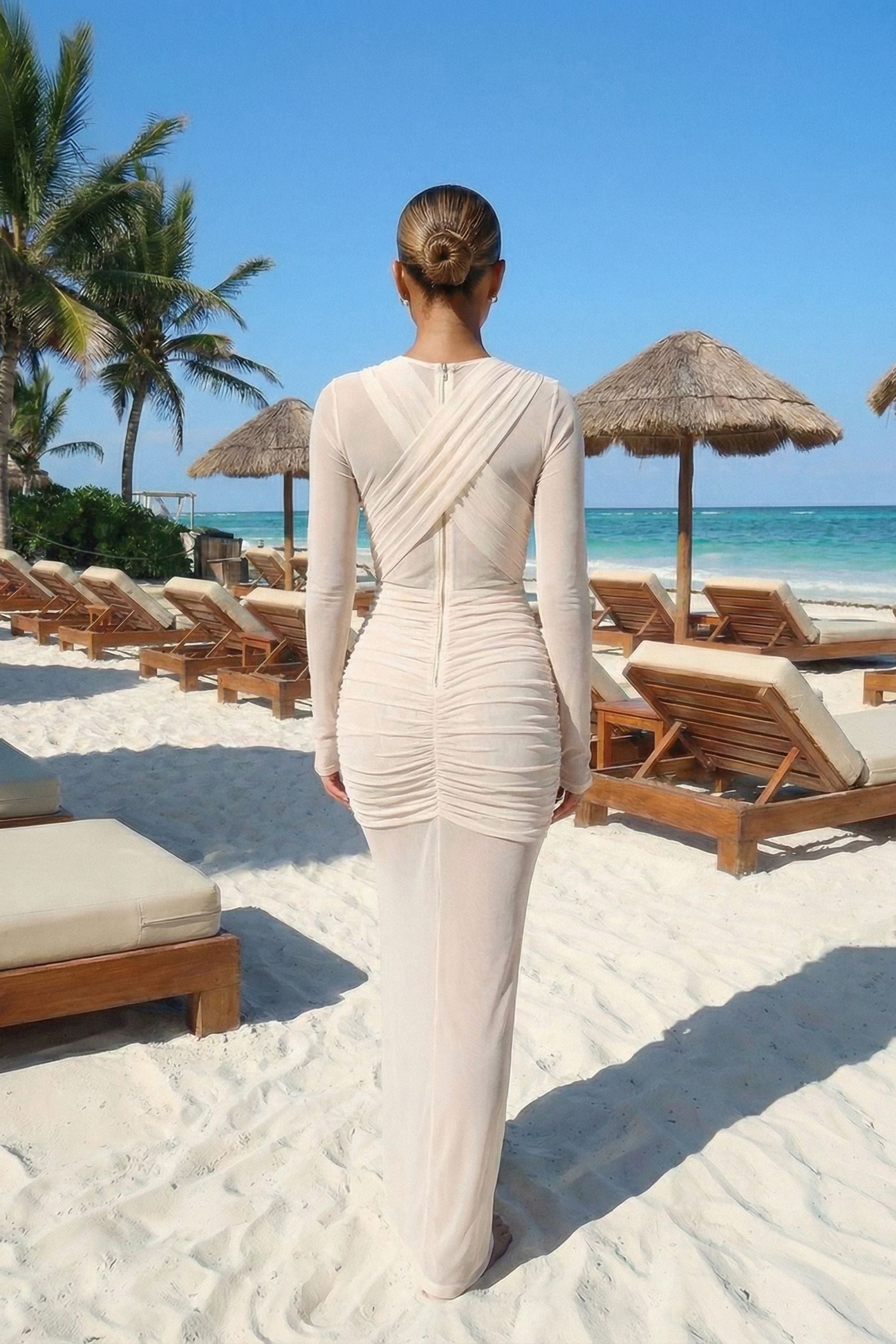 Ivory Sheer Mesh Ruched Long Sleeve Maxi Dress Dress