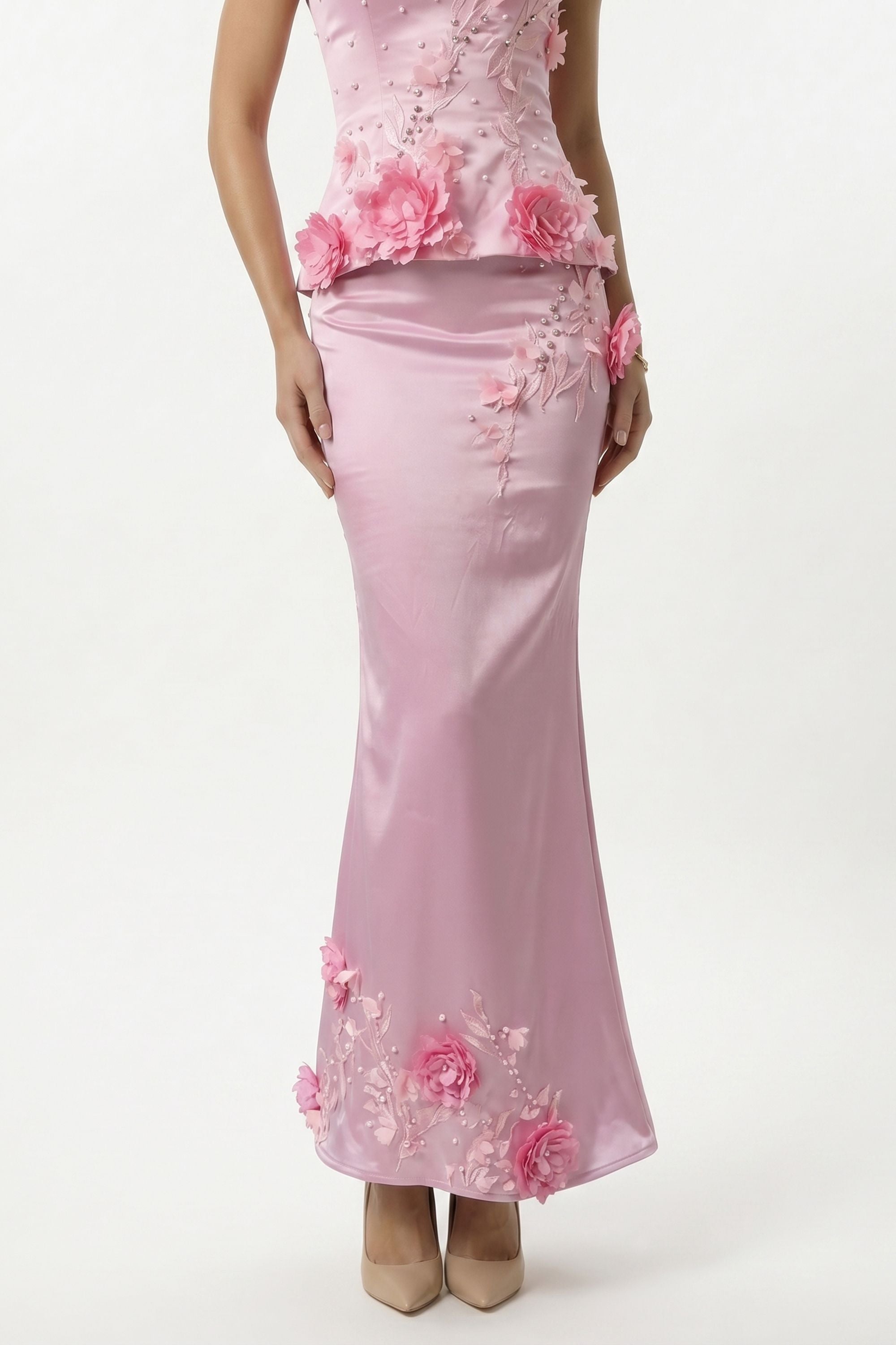 Pink Floral Appliqué Strapless Two Piece Satin Mermaid Maxi Dress - Dress