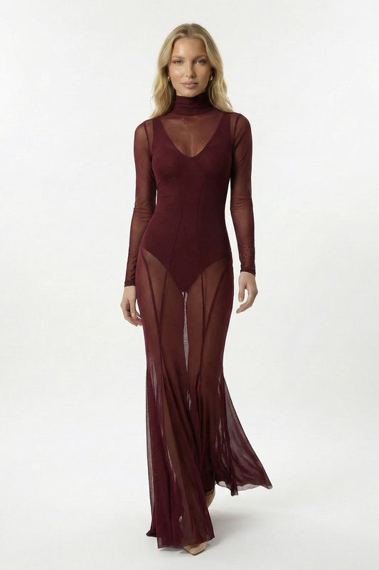 Burgundy Sheer Mesh High Neck Maxi Dress with Bodysuit - Burgundy / 4 - Dress