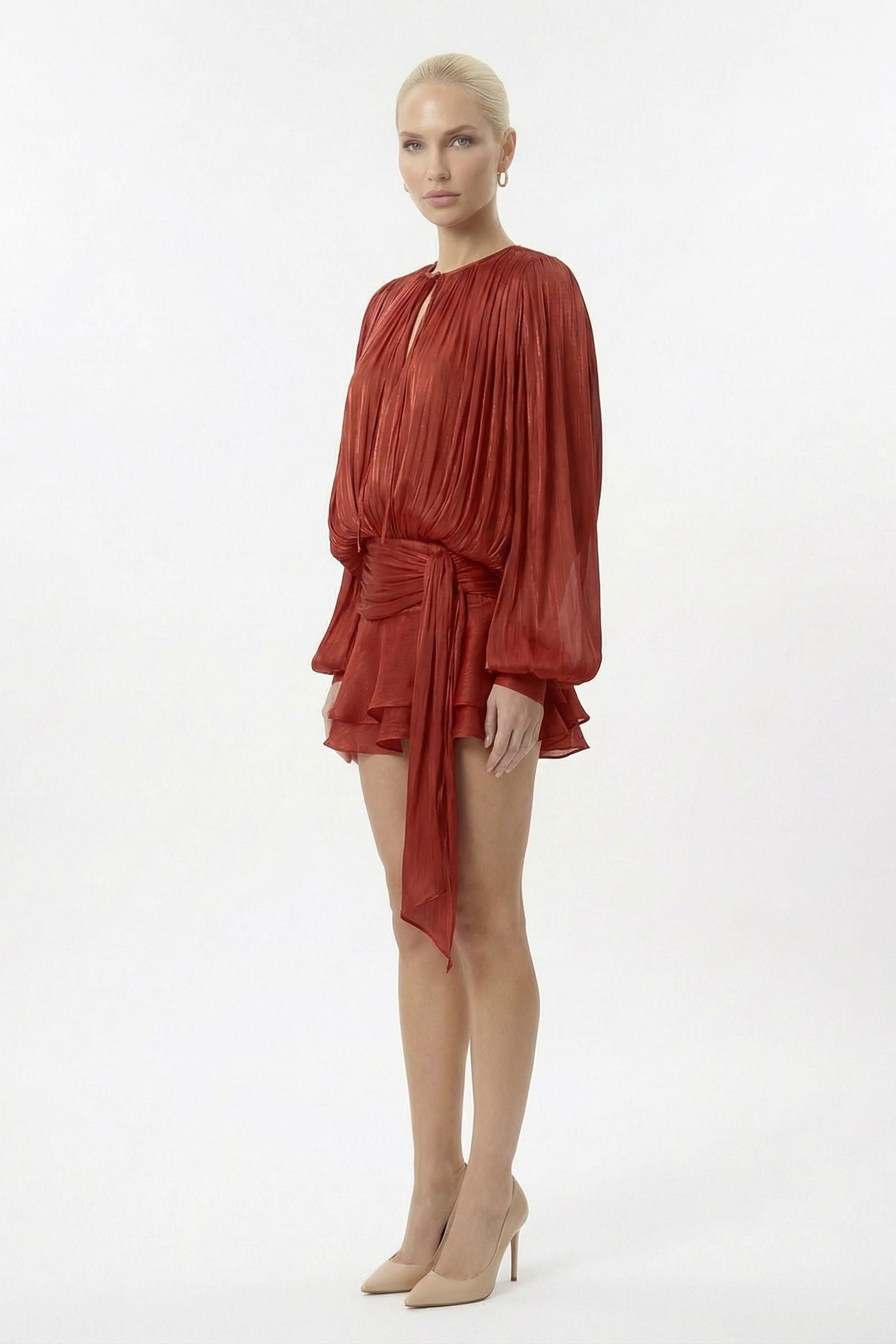 Red Pleated Long Sleeve Wrap Waist Mini Dress with Ruffle Hem - Dress