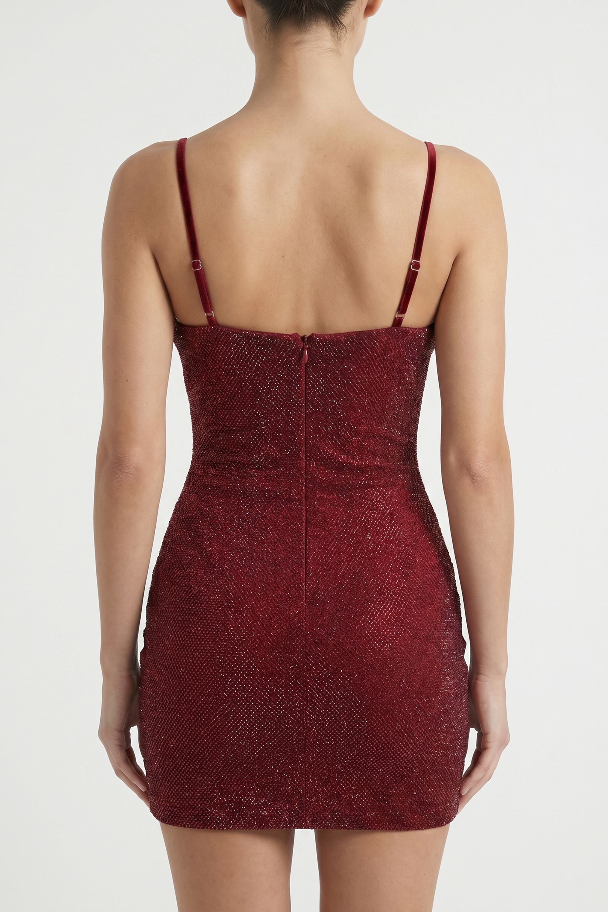 Red Rhinestone Plunge Ruched Mini Dress – Selene Dress