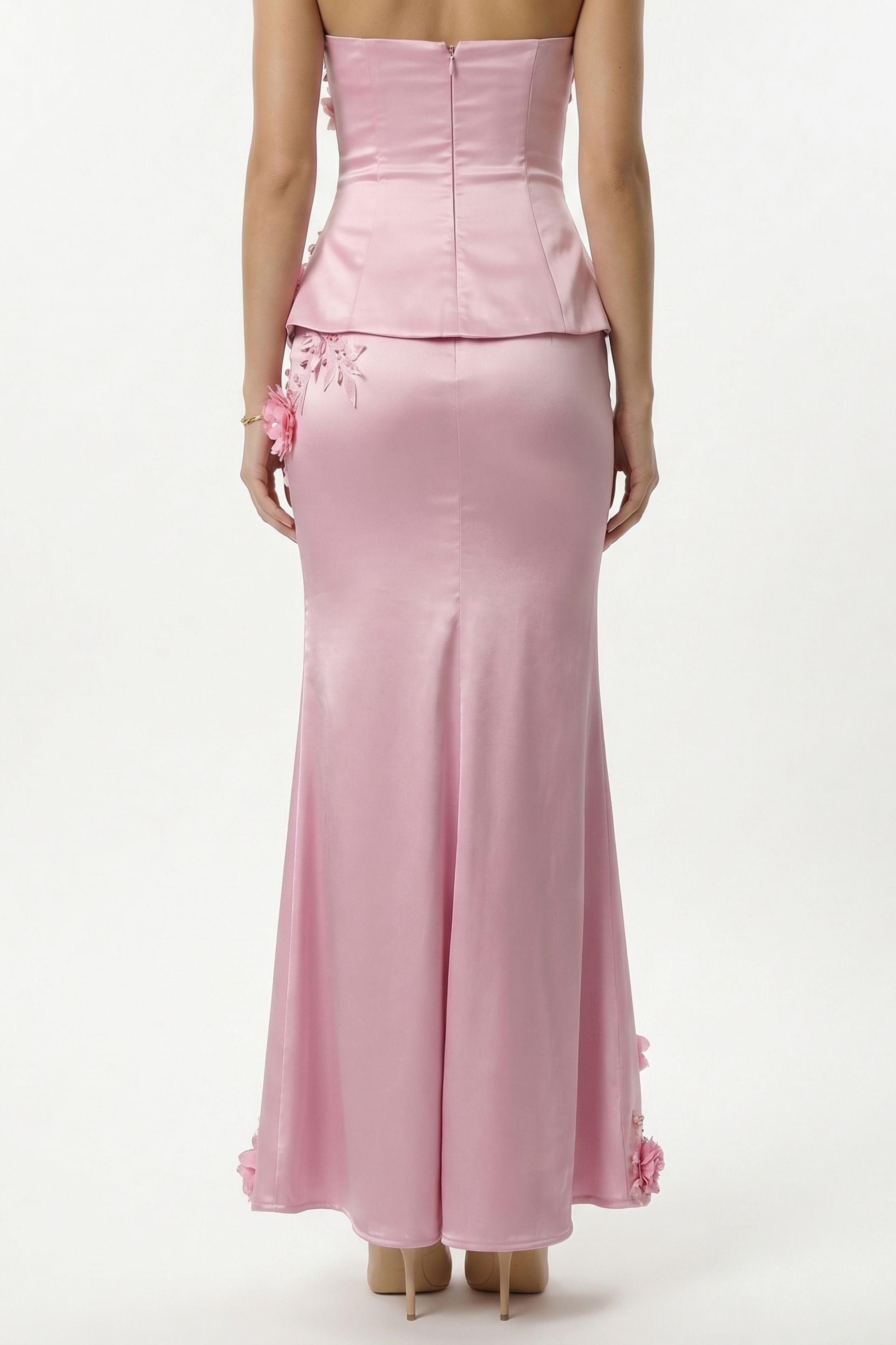 Pink Floral Appliqué Strapless Two Piece Satin Mermaid Maxi Dress - Dress