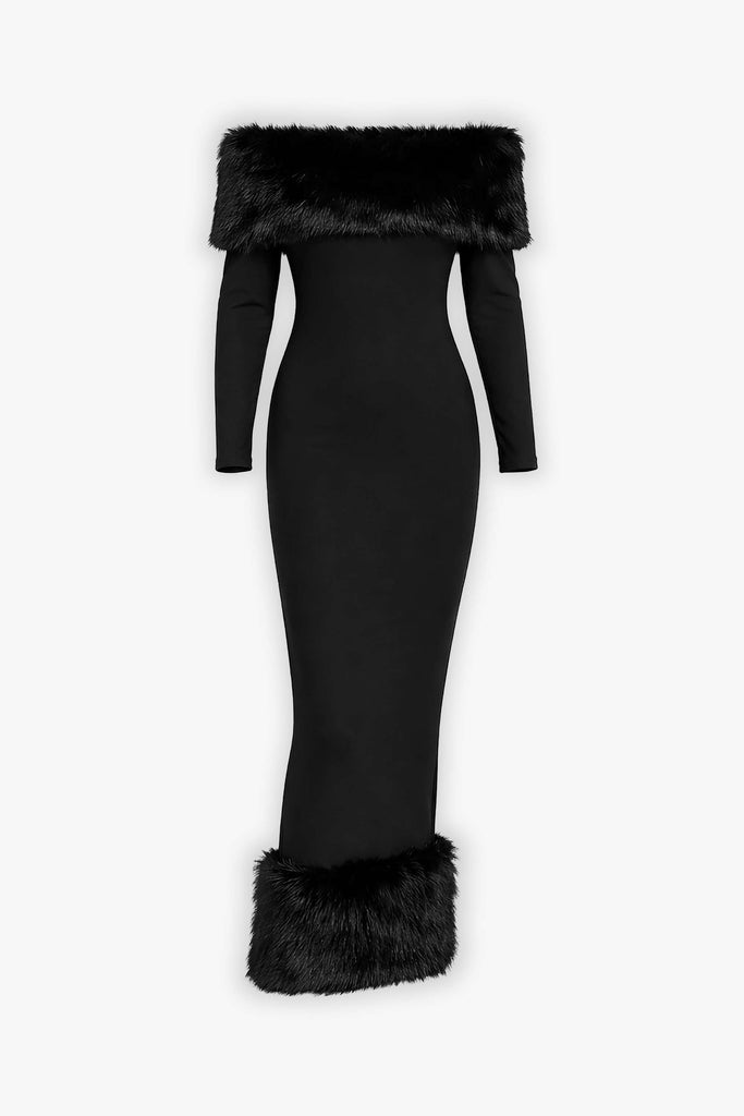 Black Off Shoulder Faux Fur Trim Midi Dress Selene Dress Black Off Shoulder Faux Fur Trim Midi Dress Selene Dress