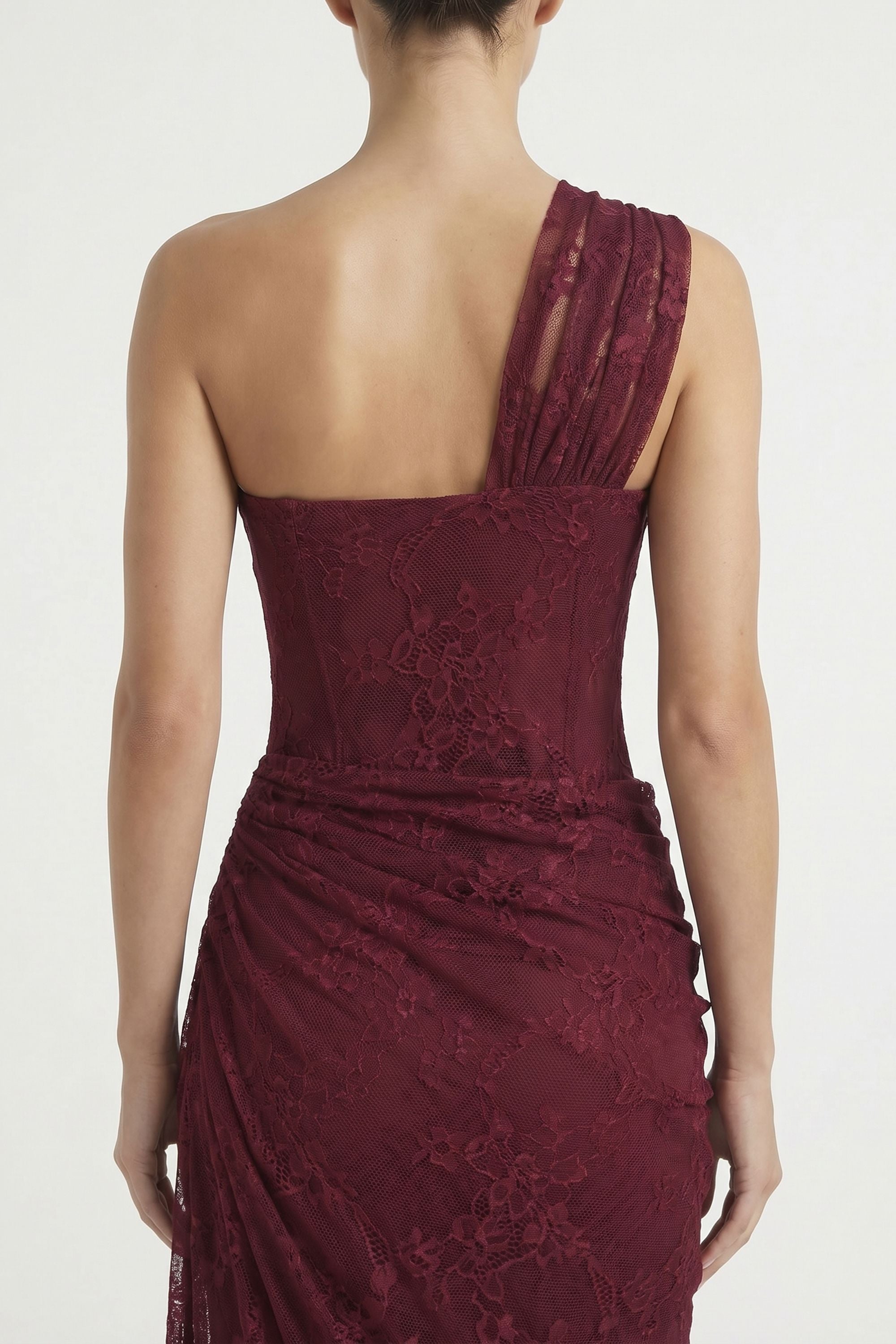Burgundy One Shoulder Lace Maxi Dress - Dress