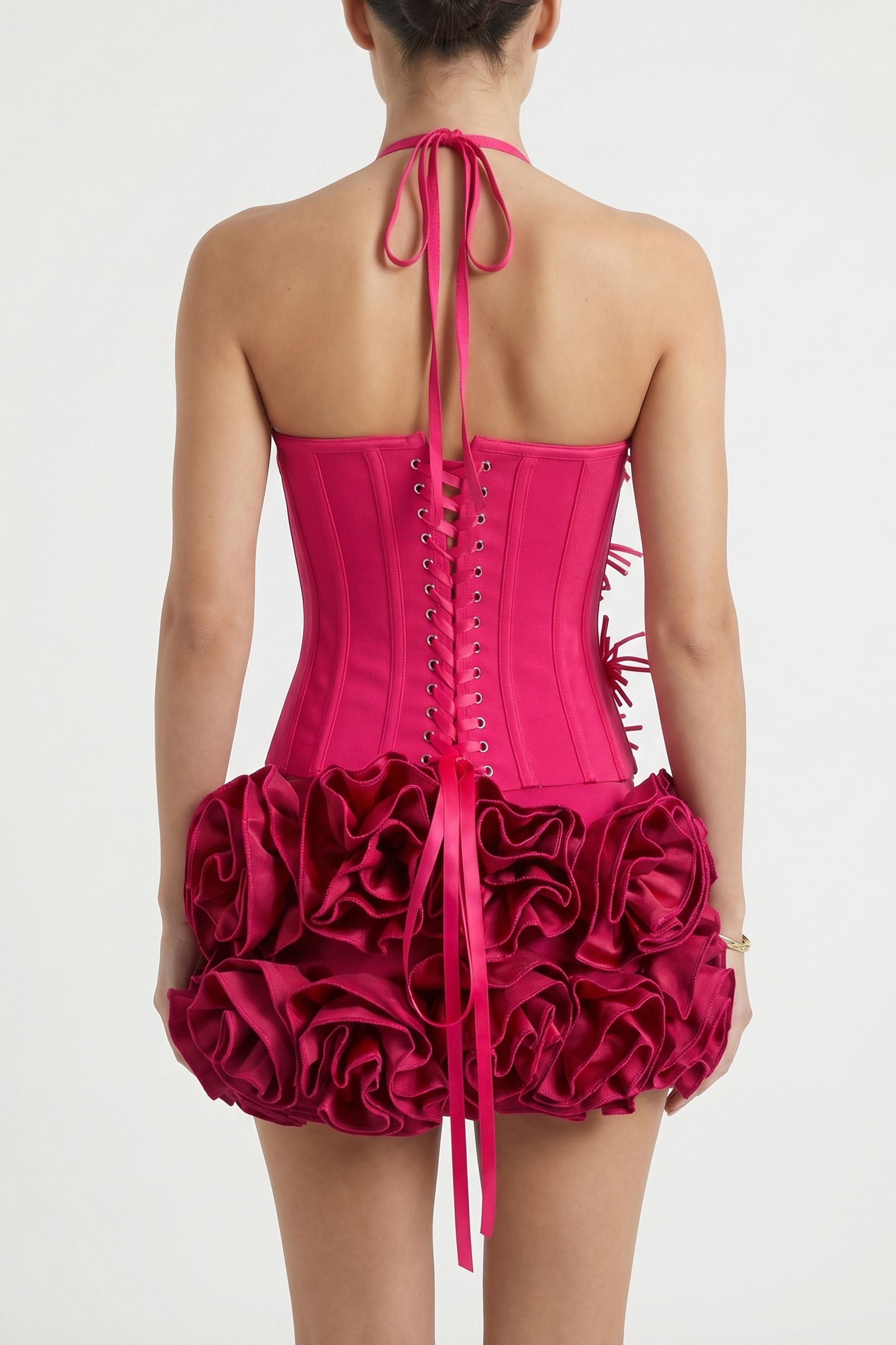 Fuchsia Two Piece Corset Top And 3D Floral Applique Dress Outfit Rose / 2 Fuchsia Two Piece Corset Top And 3D Floral Applique Dress Outfit Rose / 2