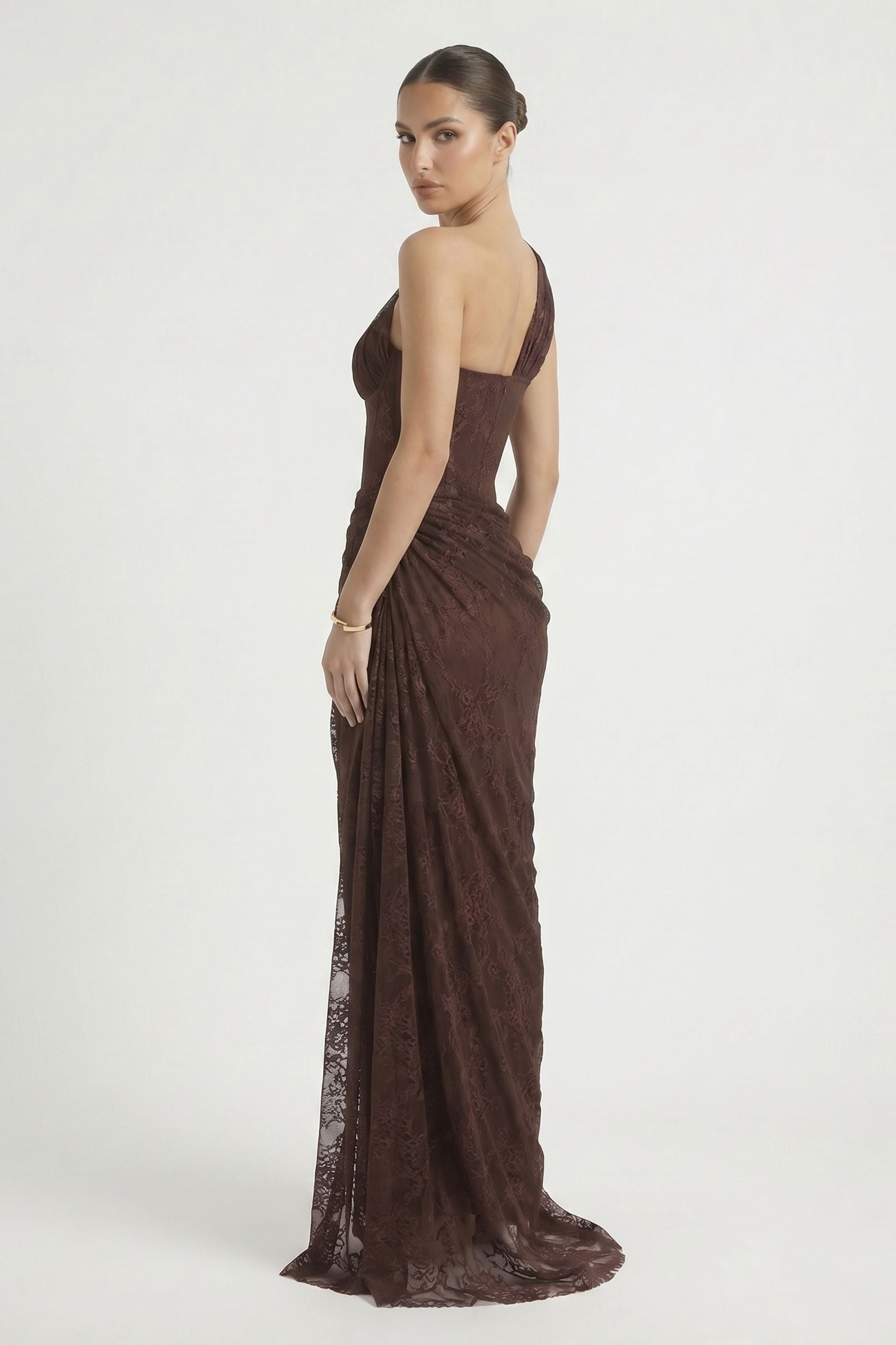 Brown One Shoulder Lace Floral Corset Ruched Dress - Dress