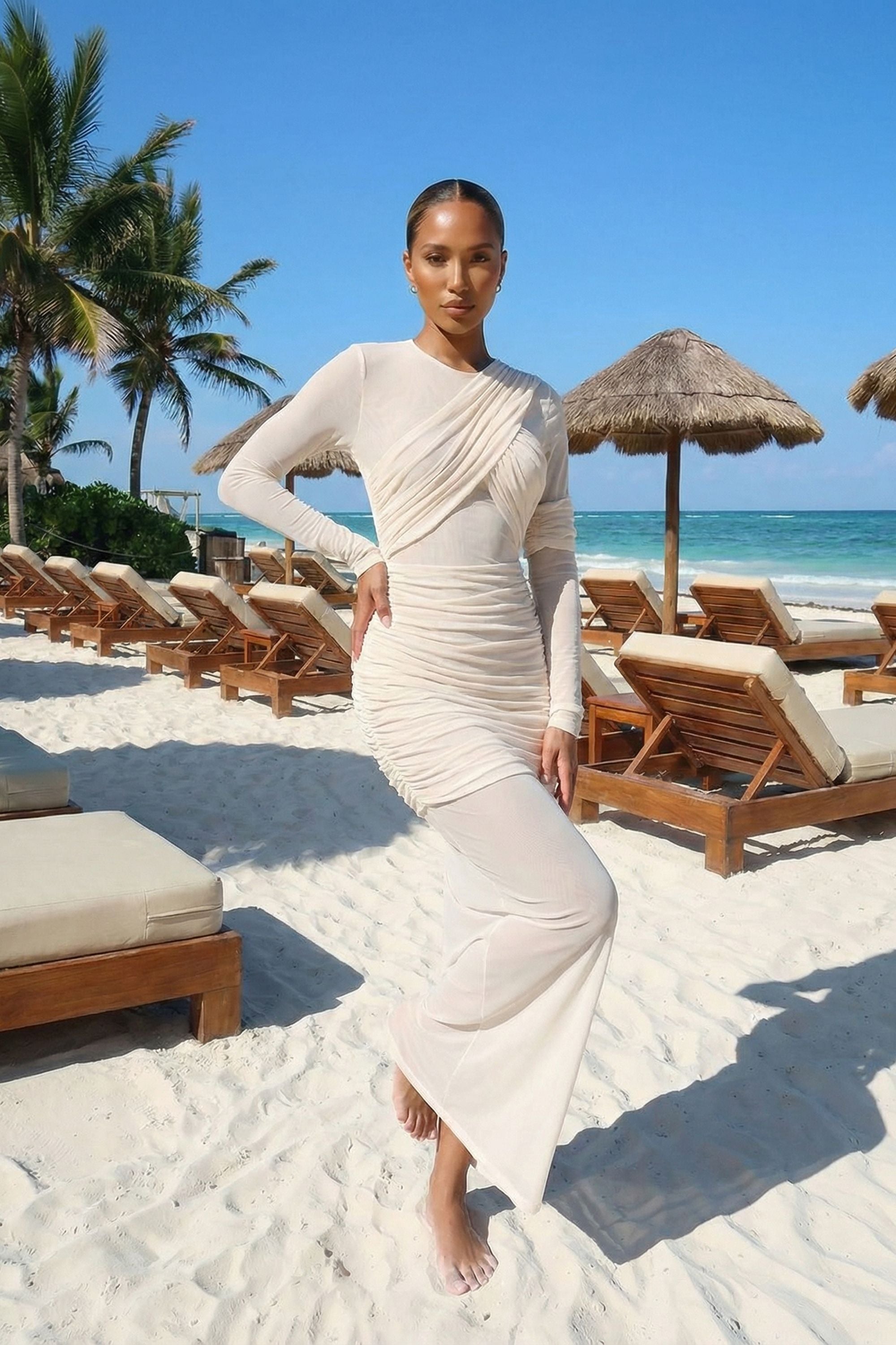 Ivory Sheer Mesh Ruched Long Sleeve Maxi Dress Dress
