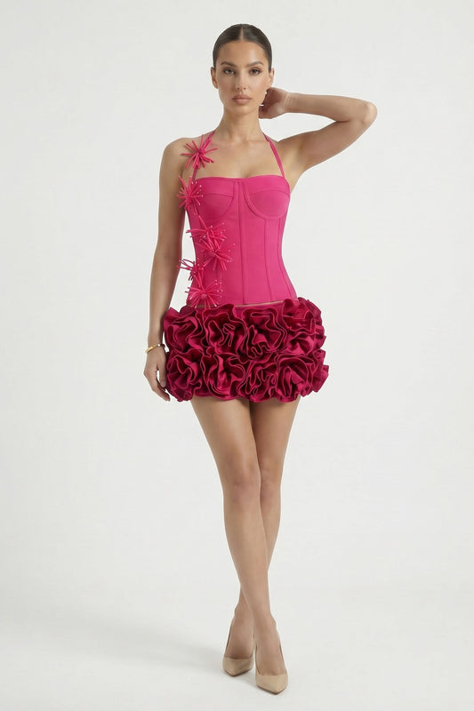 Fuchsia Two Piece Corset Top And 3D Floral Applique Dress Outfit