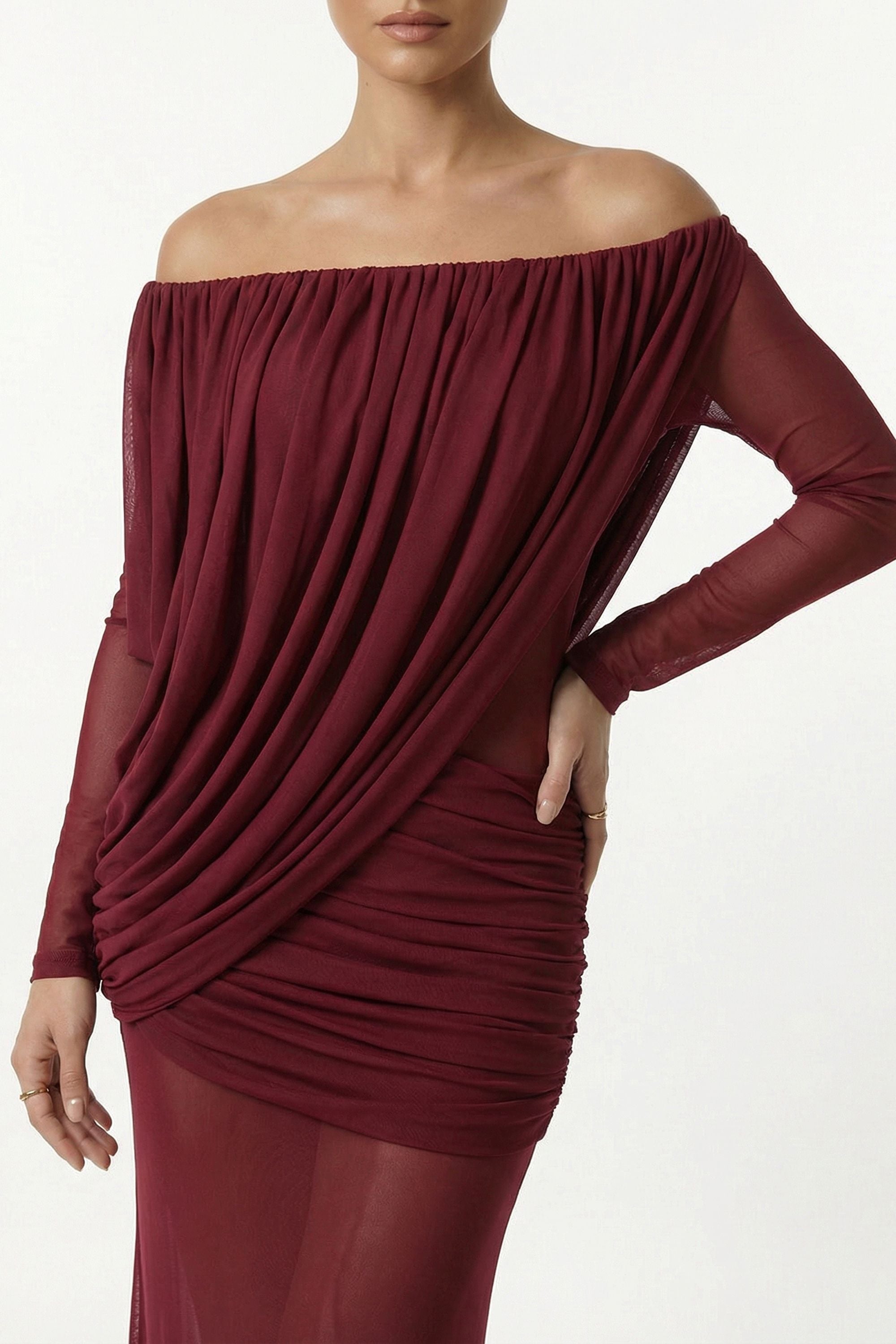 Burgundy Off Shoulder Ruched Sheer Maxi Dress - Dress