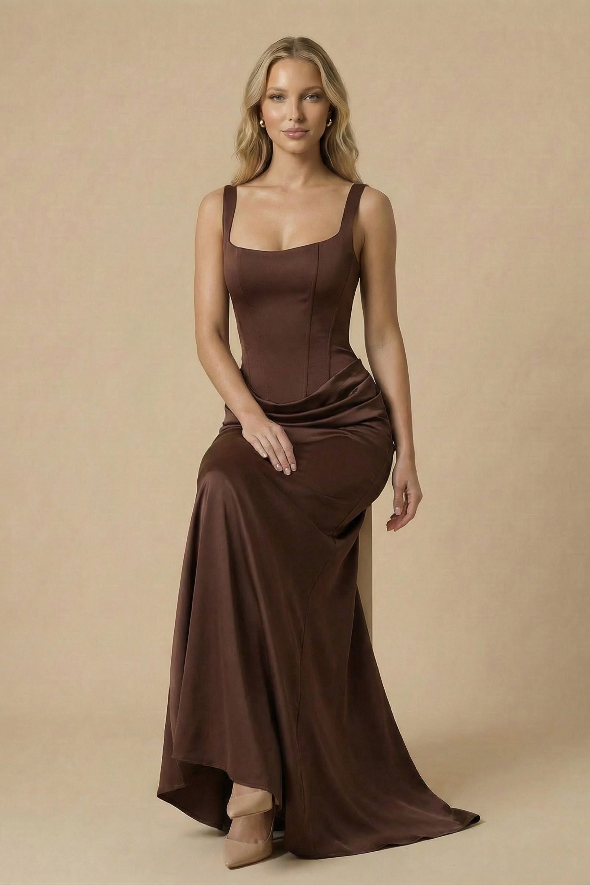 Brown Draped Satin Bustier Maxi Dress - Dress