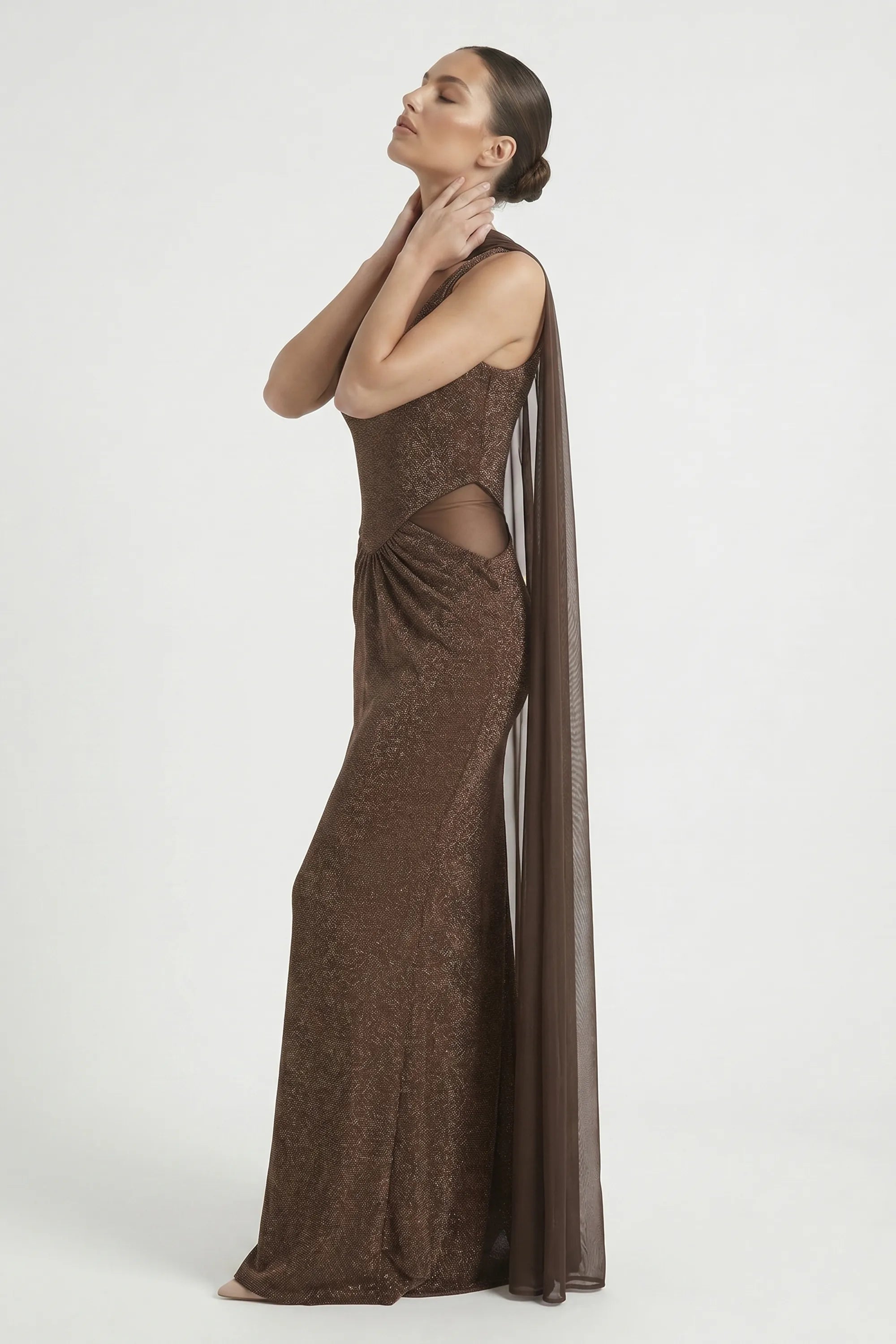 Brown Glitter Cutout Draped Maxi Dress With Chiffon Scarf Cape Brown / 2