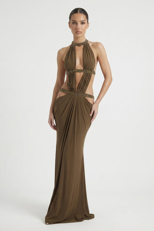 Brown Cutout Halter Rhinestone Racer Back Maxi Dress