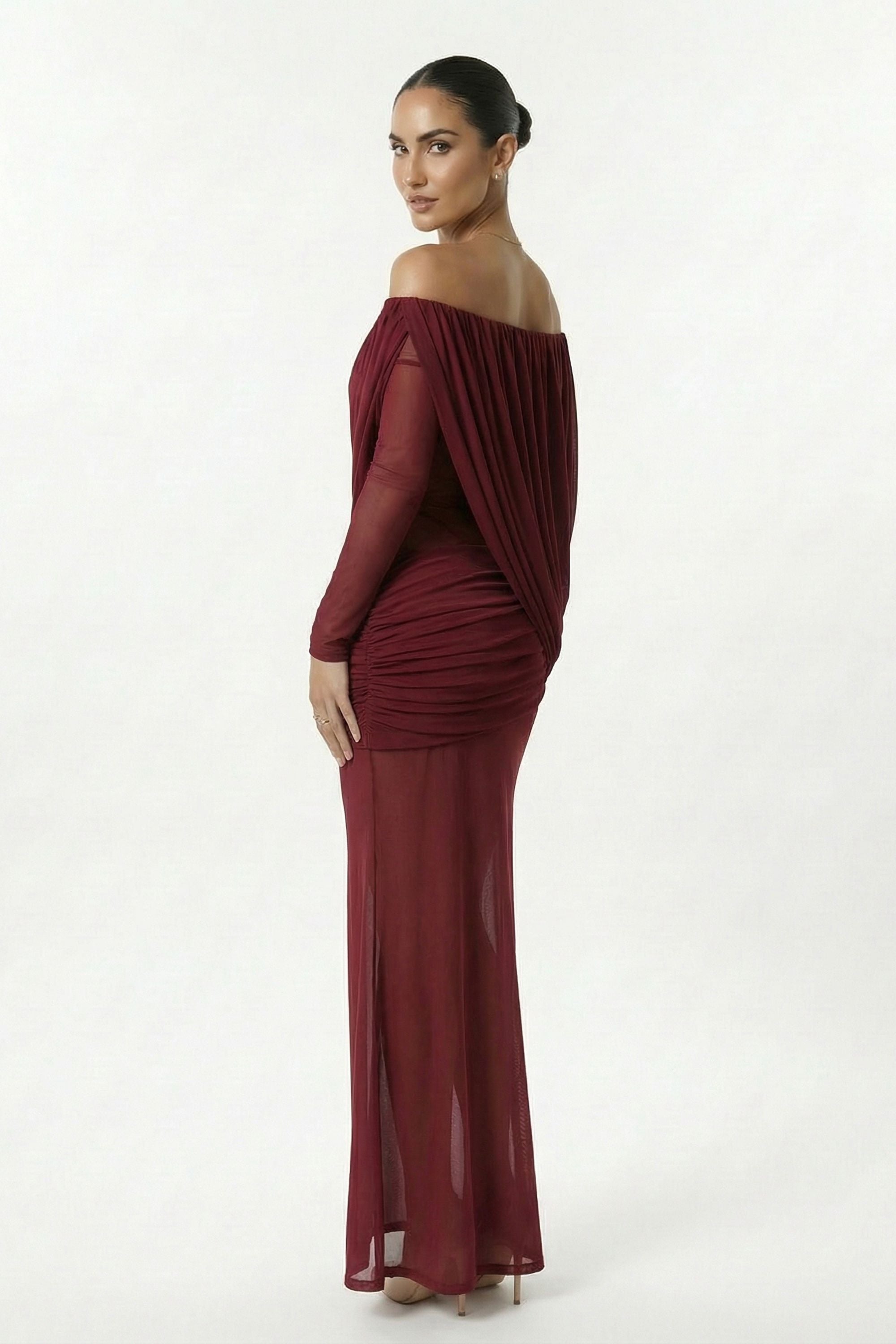 Burgundy Off Shoulder Ruched Sheer Maxi Dress - Dress