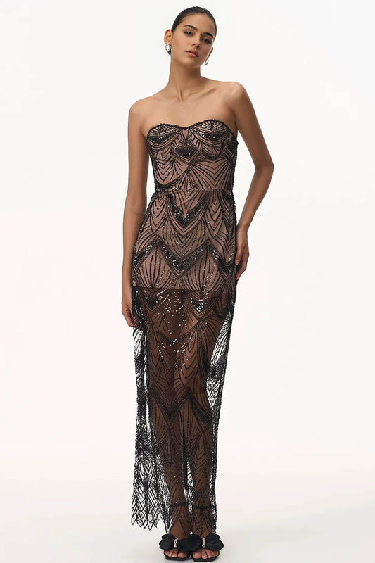 Black Strapless Sequin Beaded Maxi Dress Dress