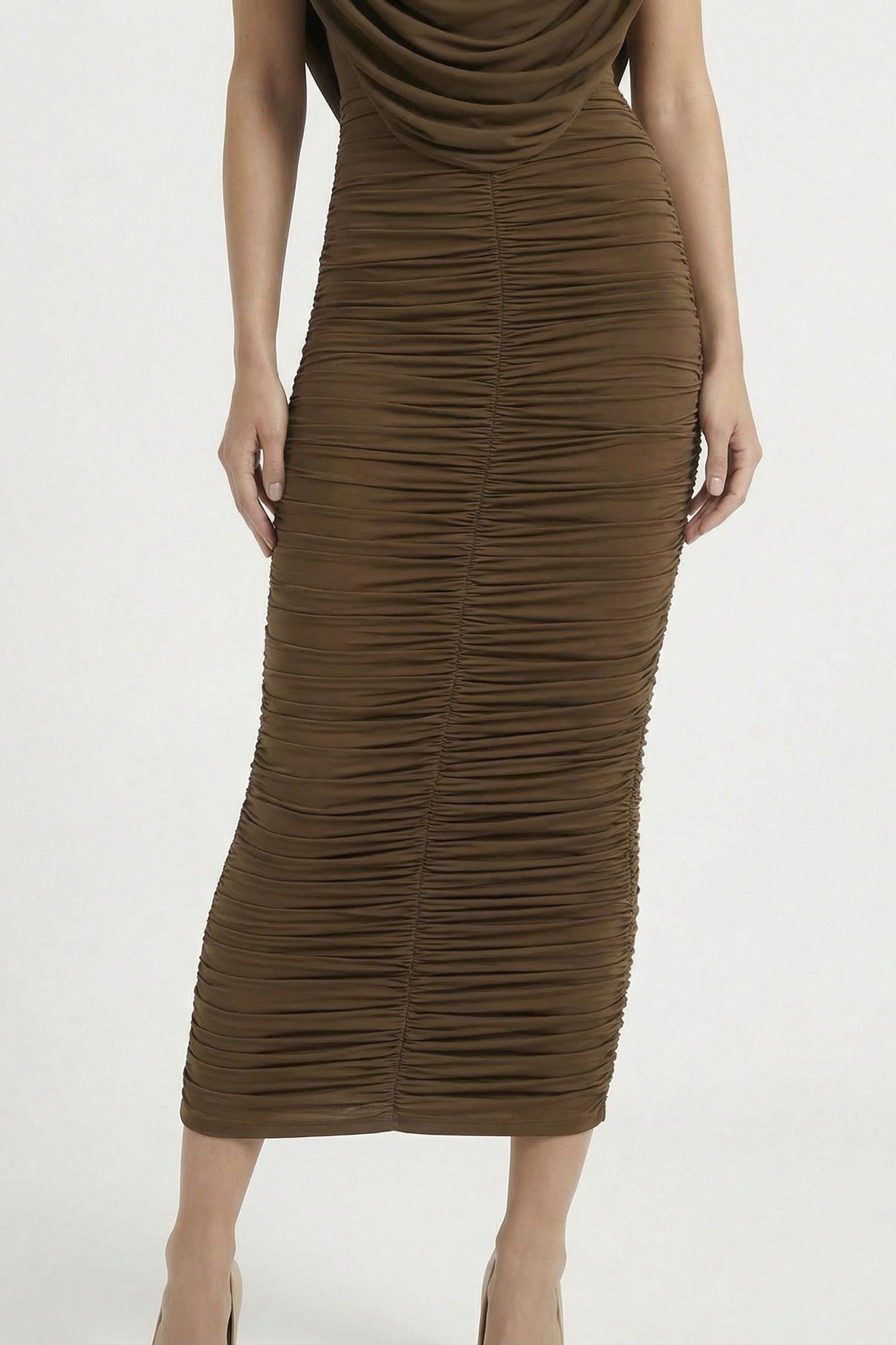 Olive Green Cowl Neck Ruched Maxi Dress - Dress