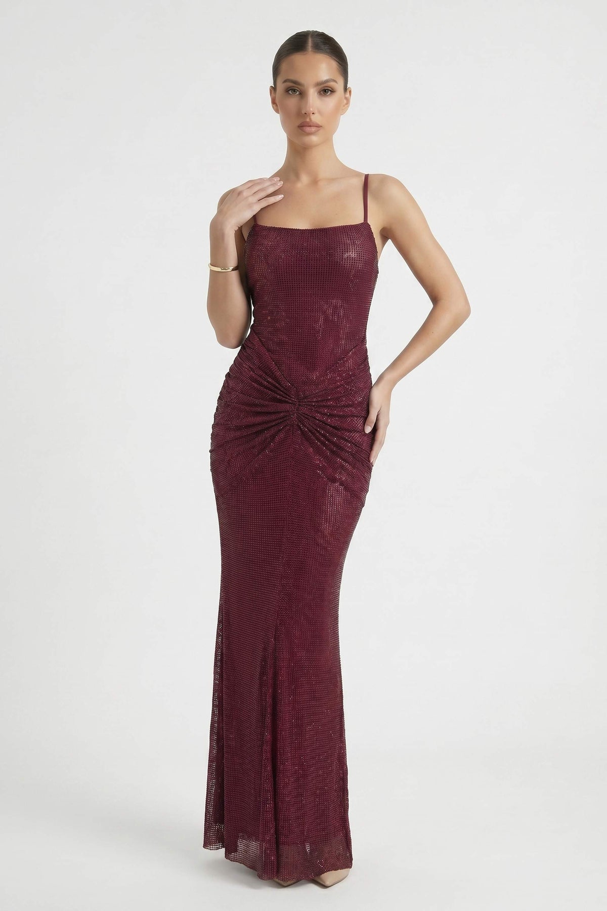 Burgundy Rhinestone Ruched Maxi Dress