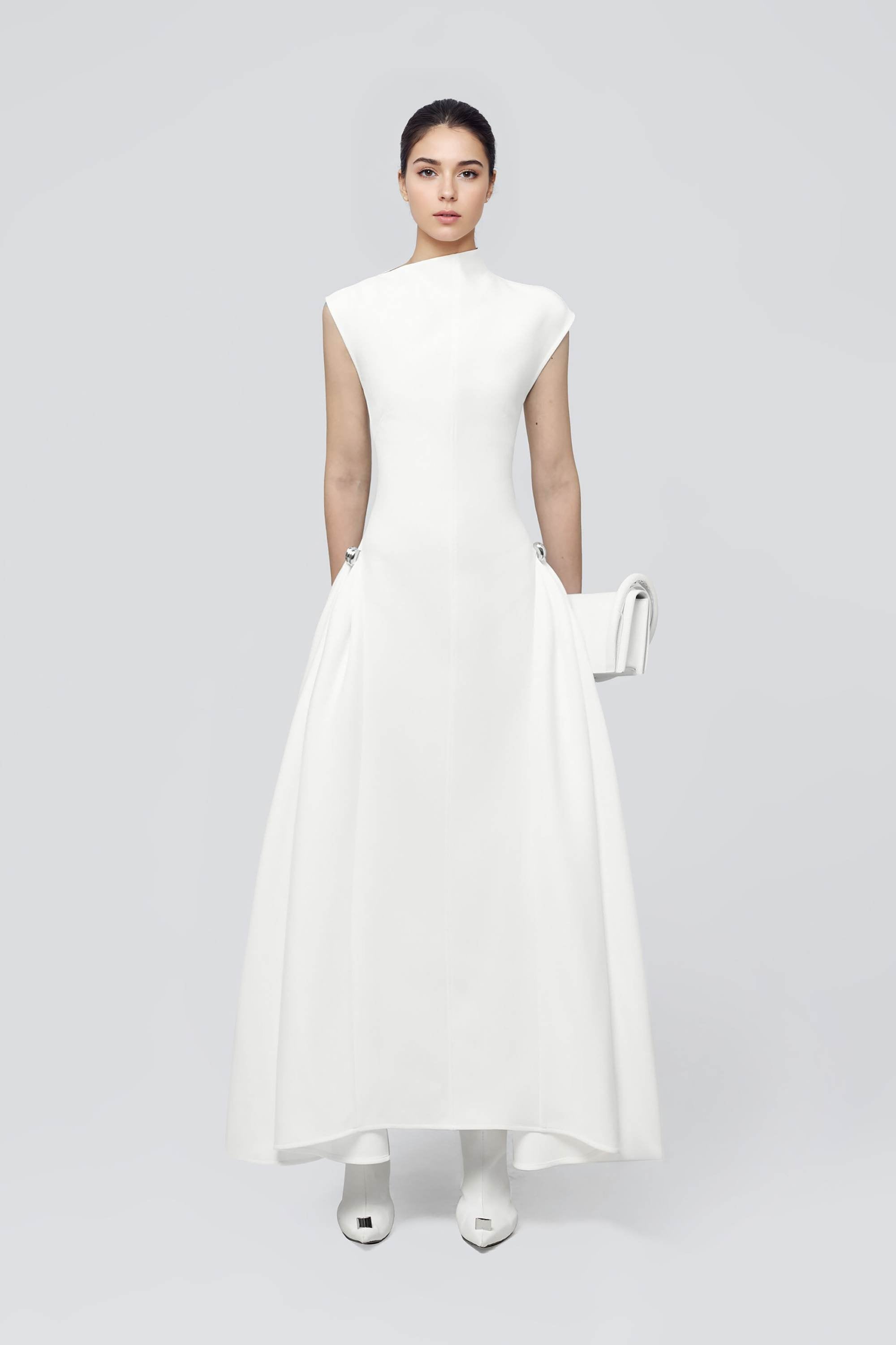 White Asymmetrical Mock Neck Skater Dress Dress