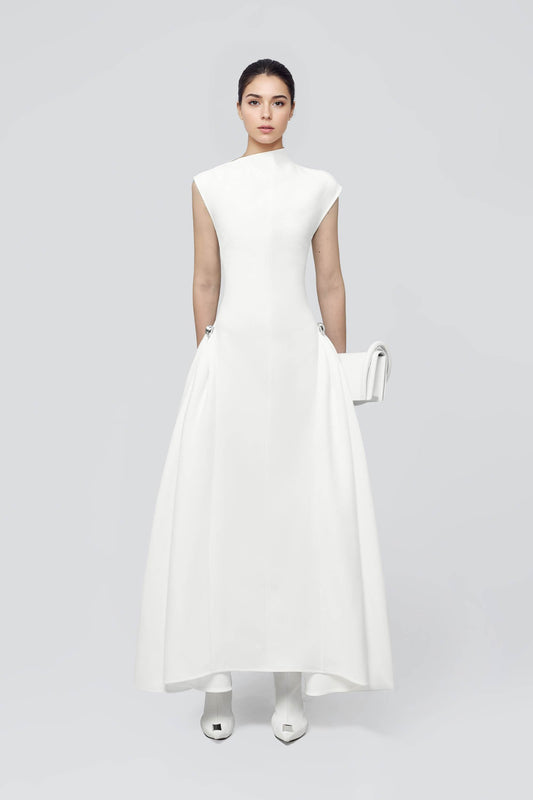 White Asymmetrical Mock Neck Skater Dress Dress