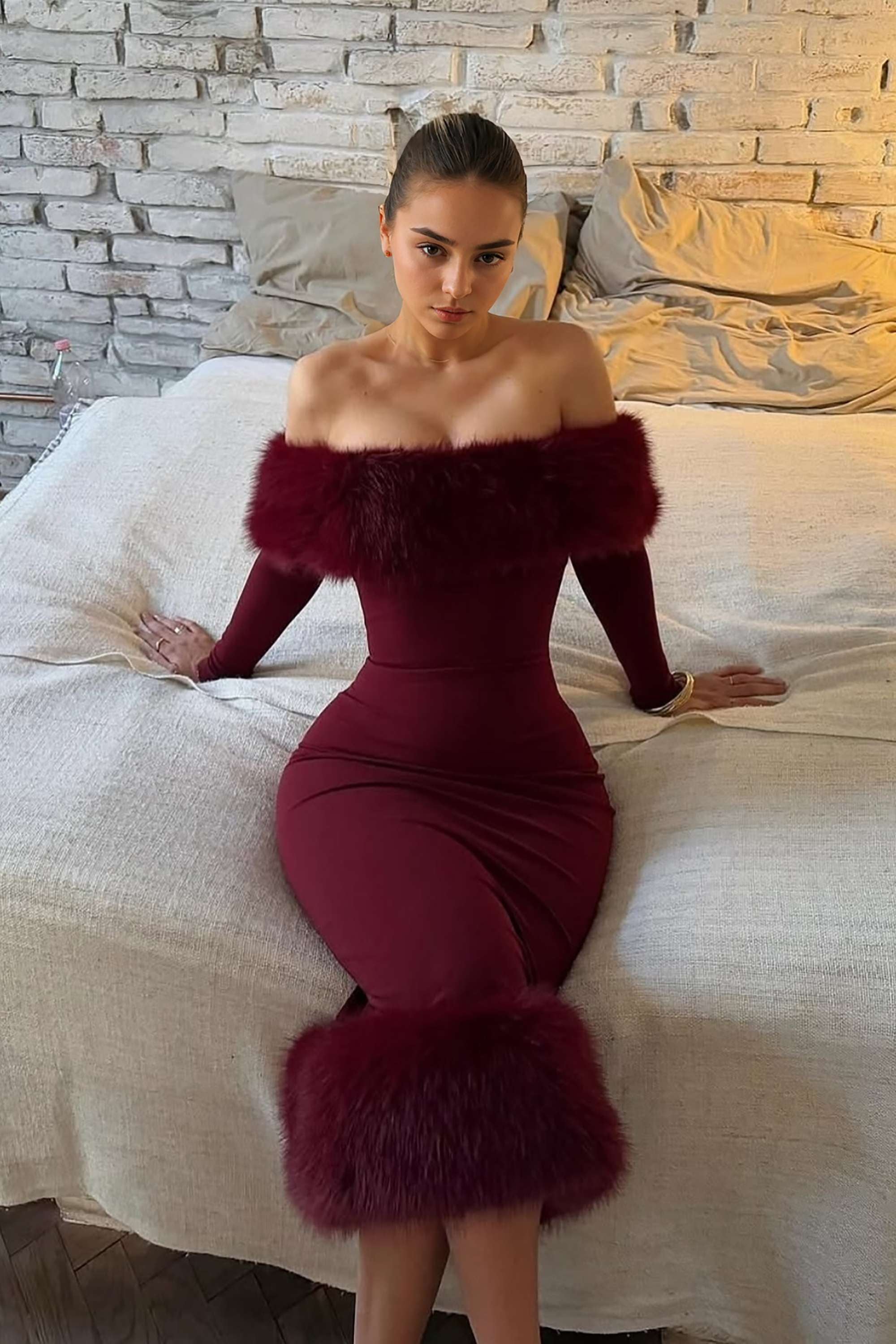 Burgundy Off The Shoulder Faux Fur Trim Midi Dress Dress
