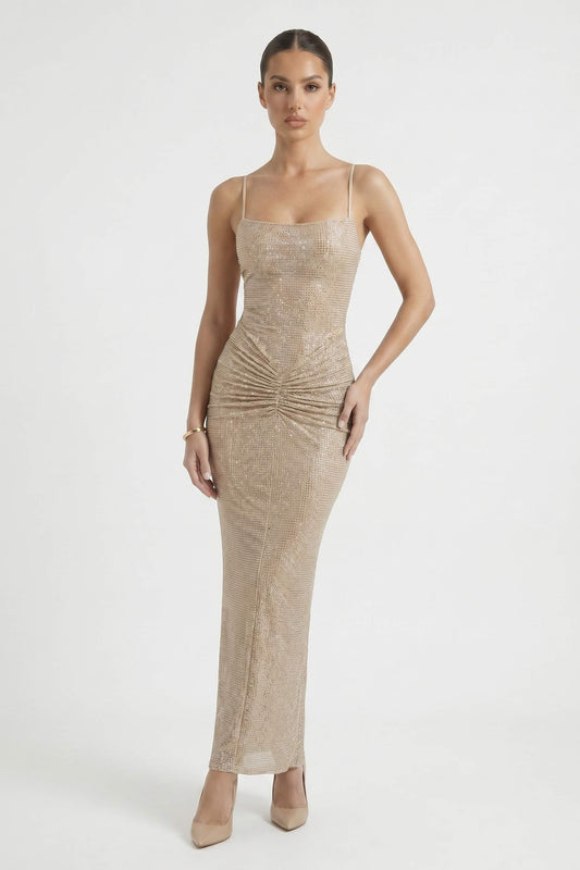 Beige Diamante Square Neck Maxi Dress